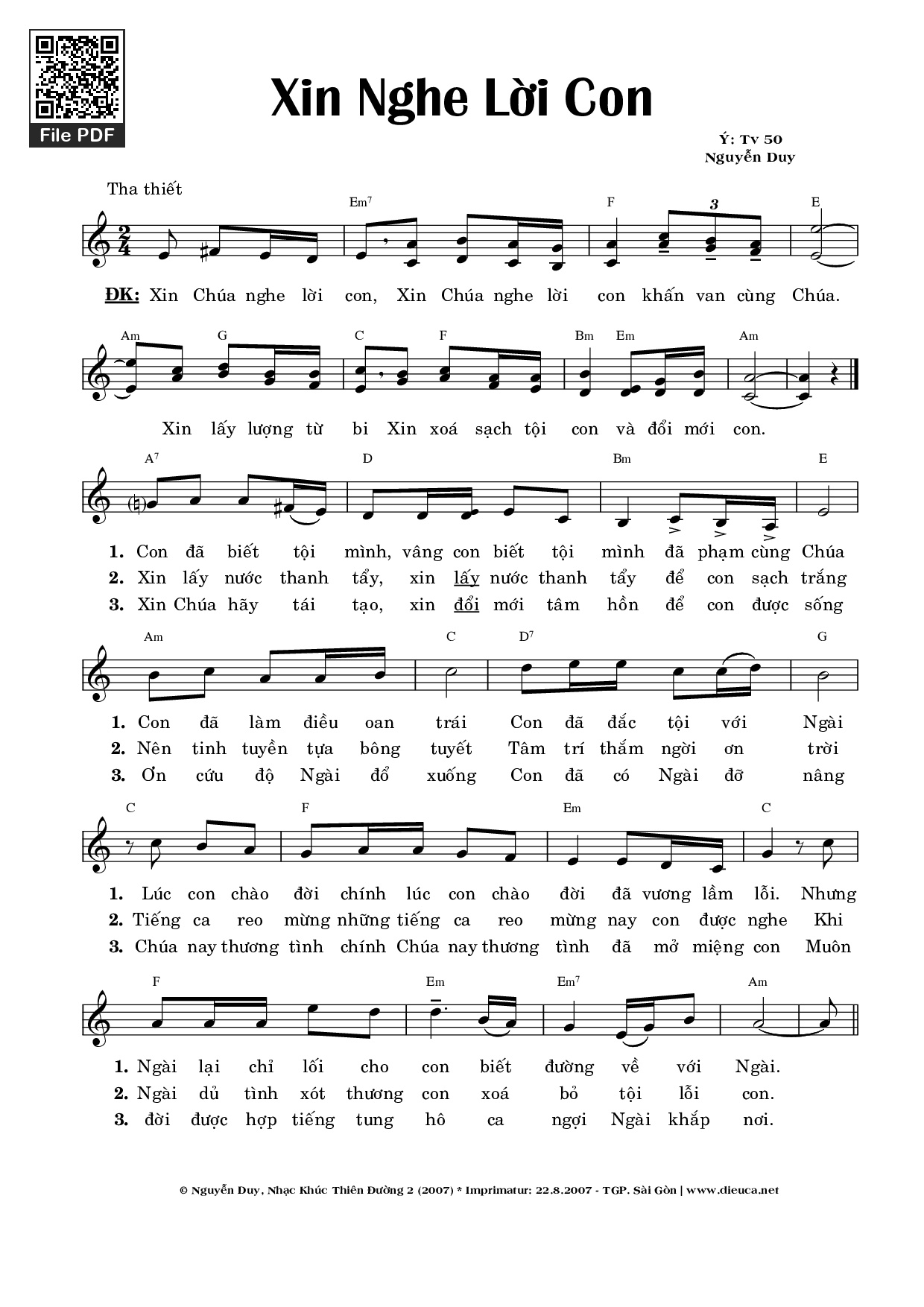 Sheet PDF of Xin Nghe Lời Con