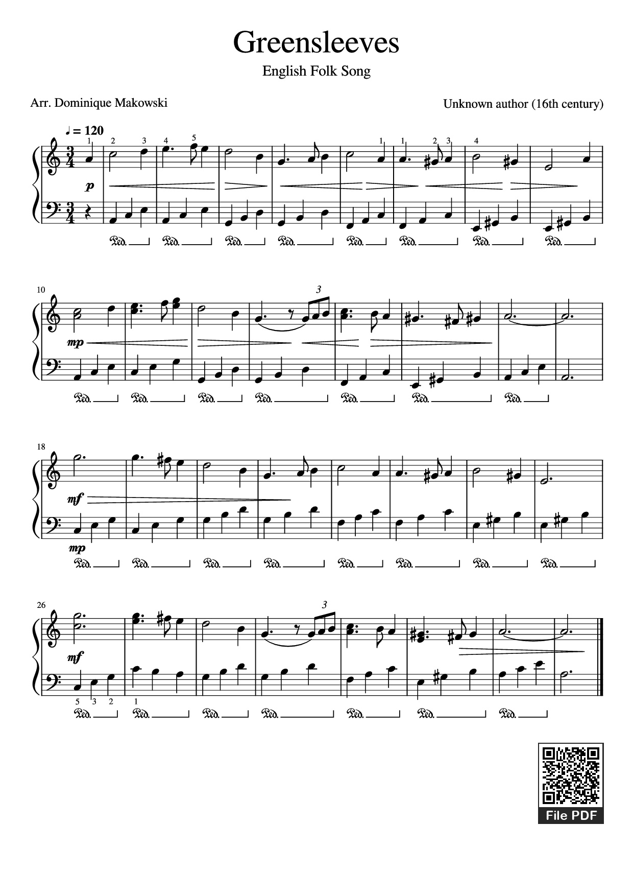 Page 1 of Sheet music PDF Piano Greensleeves Piano - Unknown author (16th century