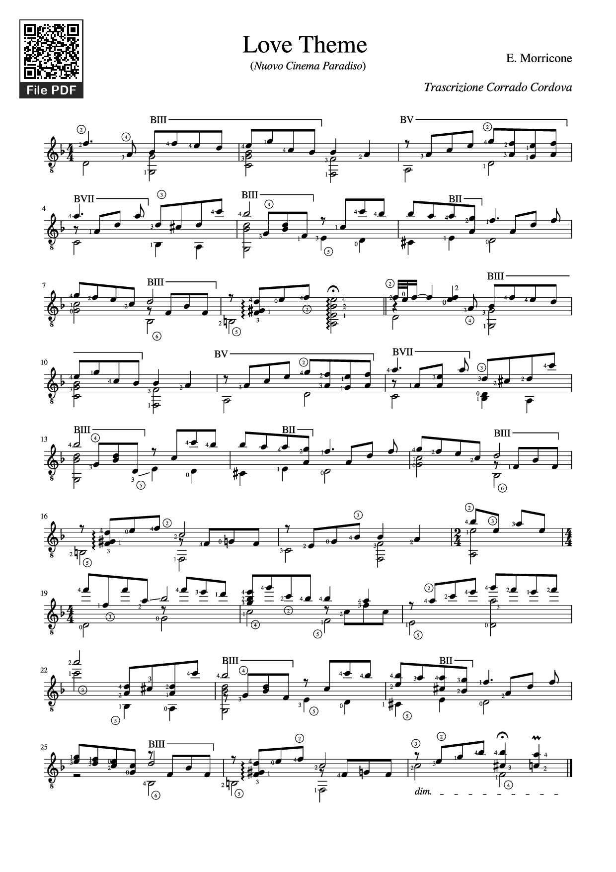Sheet PDF of Love Theme Guitar TAB