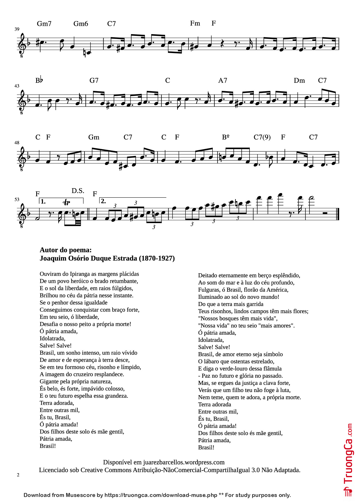 Page 2 of Sheet music PDF Guitar Tab Hino Nacional Brasileiro Guitar TAB - Música: Francisco Manuel da Silva (1795-1865