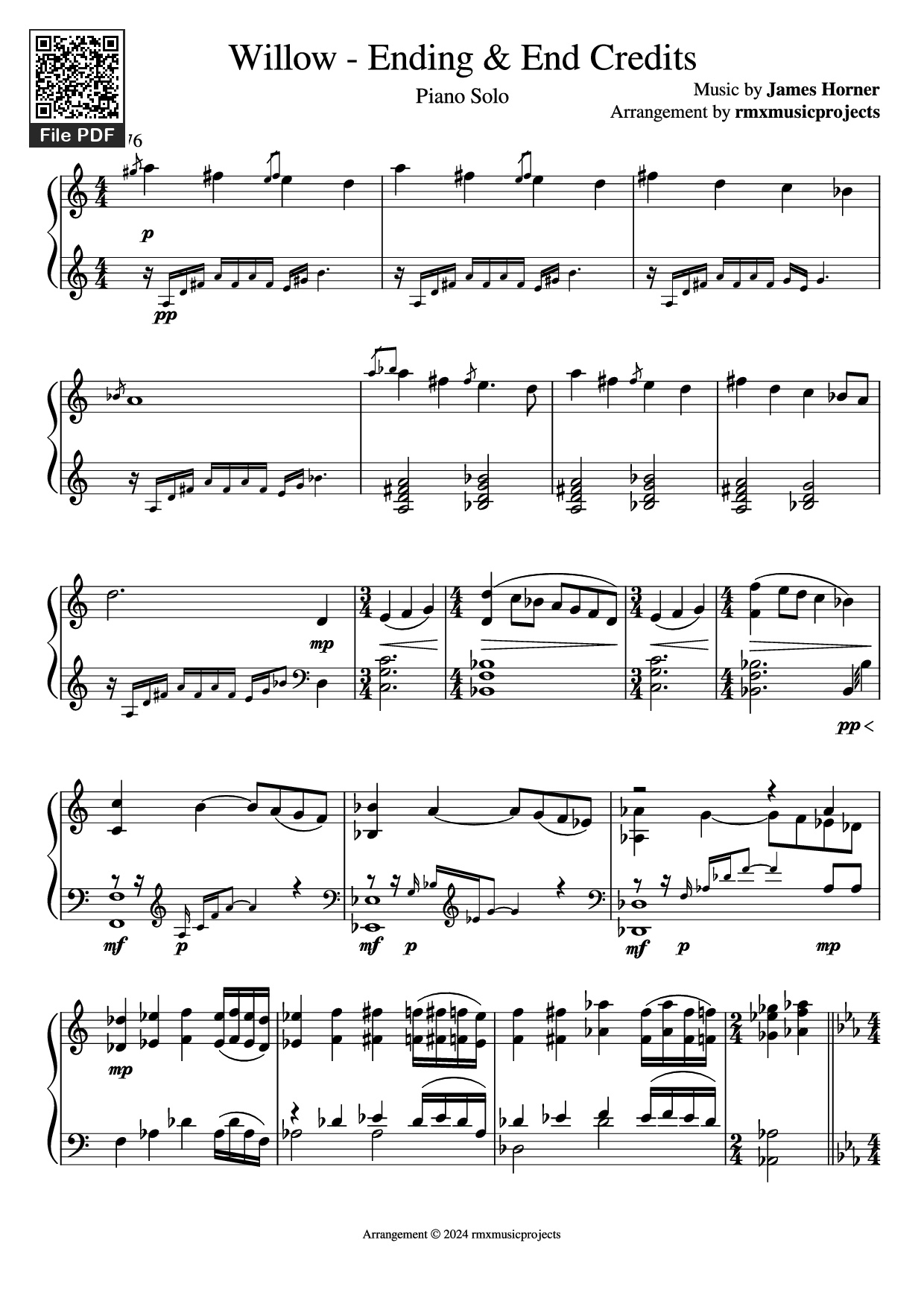 Page 1 of Sheet music PDF Piano Willow - Ending & End Credits Piano - Music by James Horner