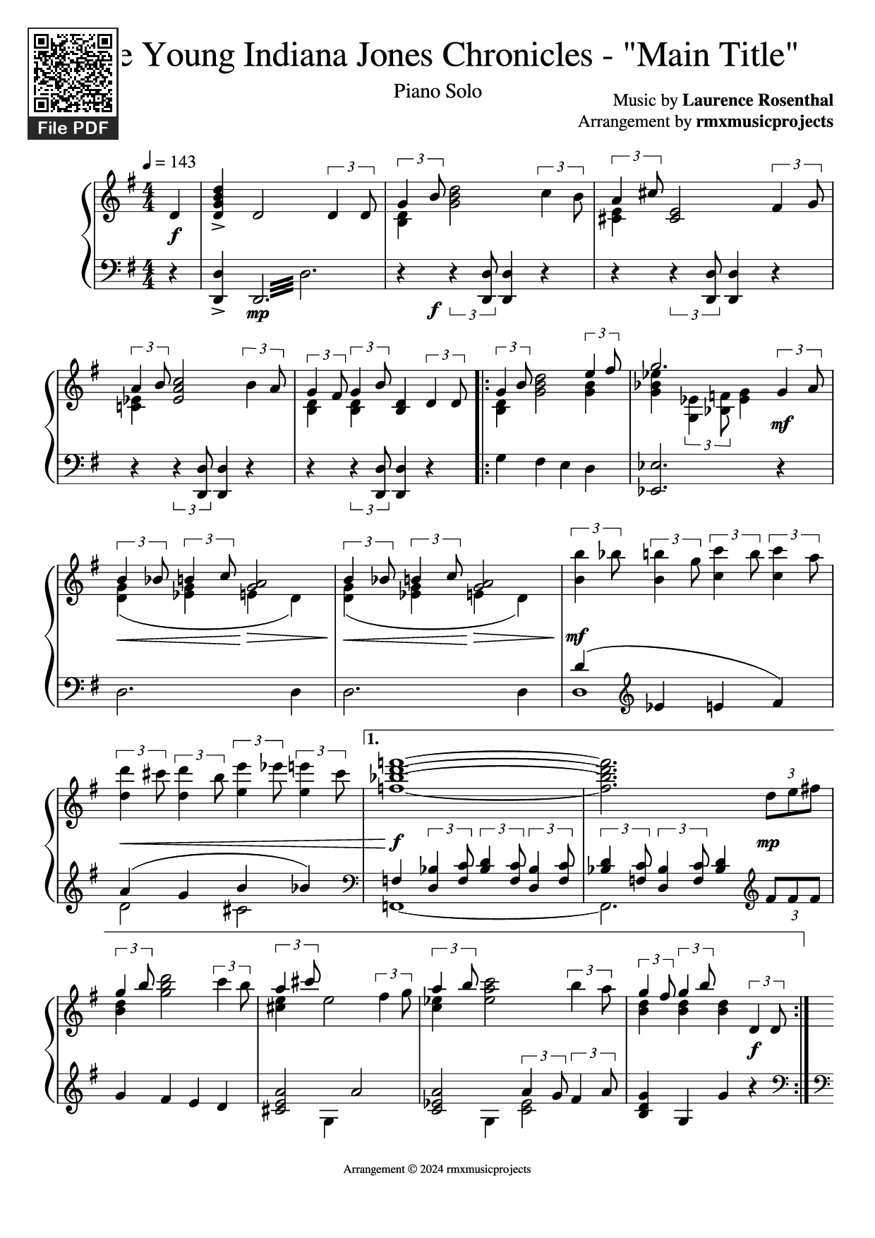 Page 1 of Sheet music PDF Piano The Young Indiana Jones Chronicles - Main Title Piano - Music by Laurence Rosenthal