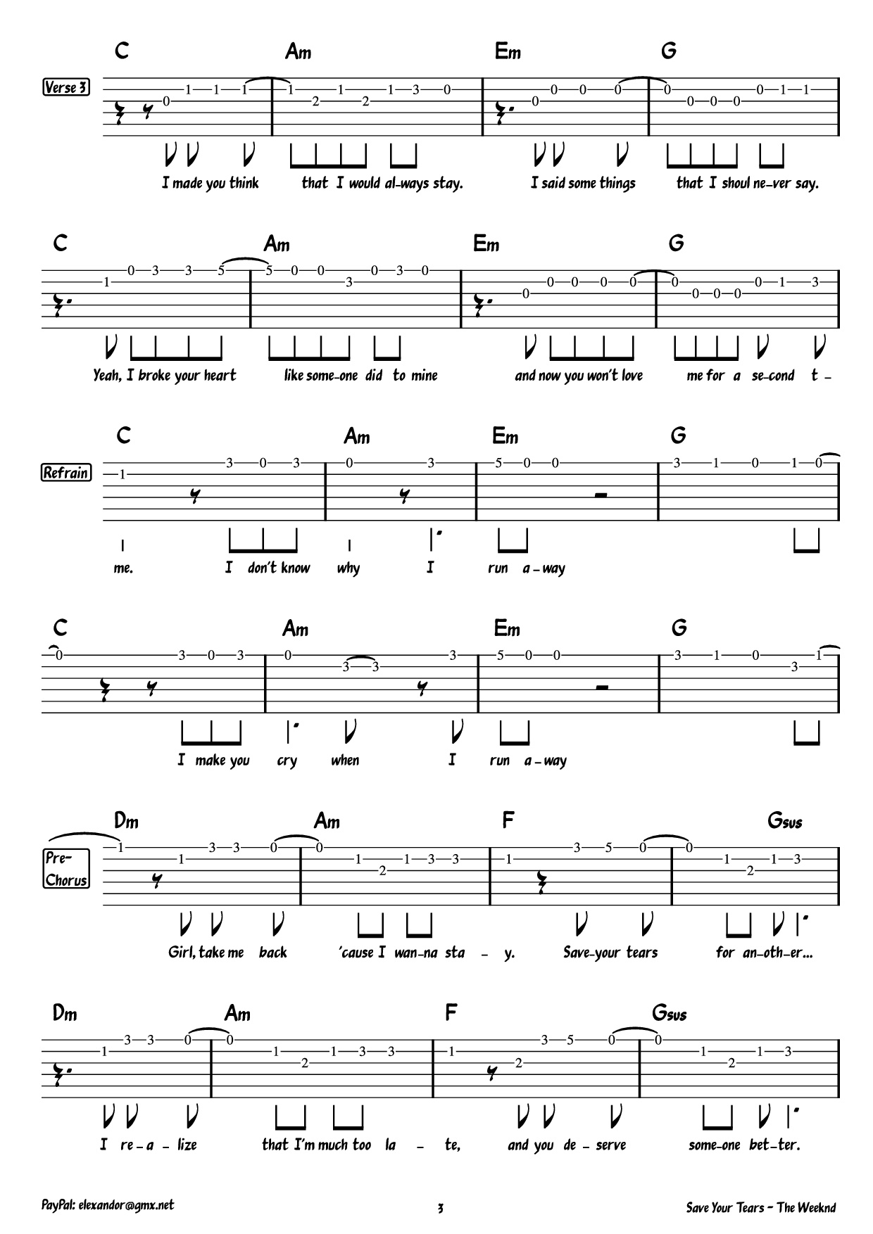 Page 3 of Sheet music PDF Guitar Tab ~ Save Your Tears ~ Guitar TAB - The Weeknd