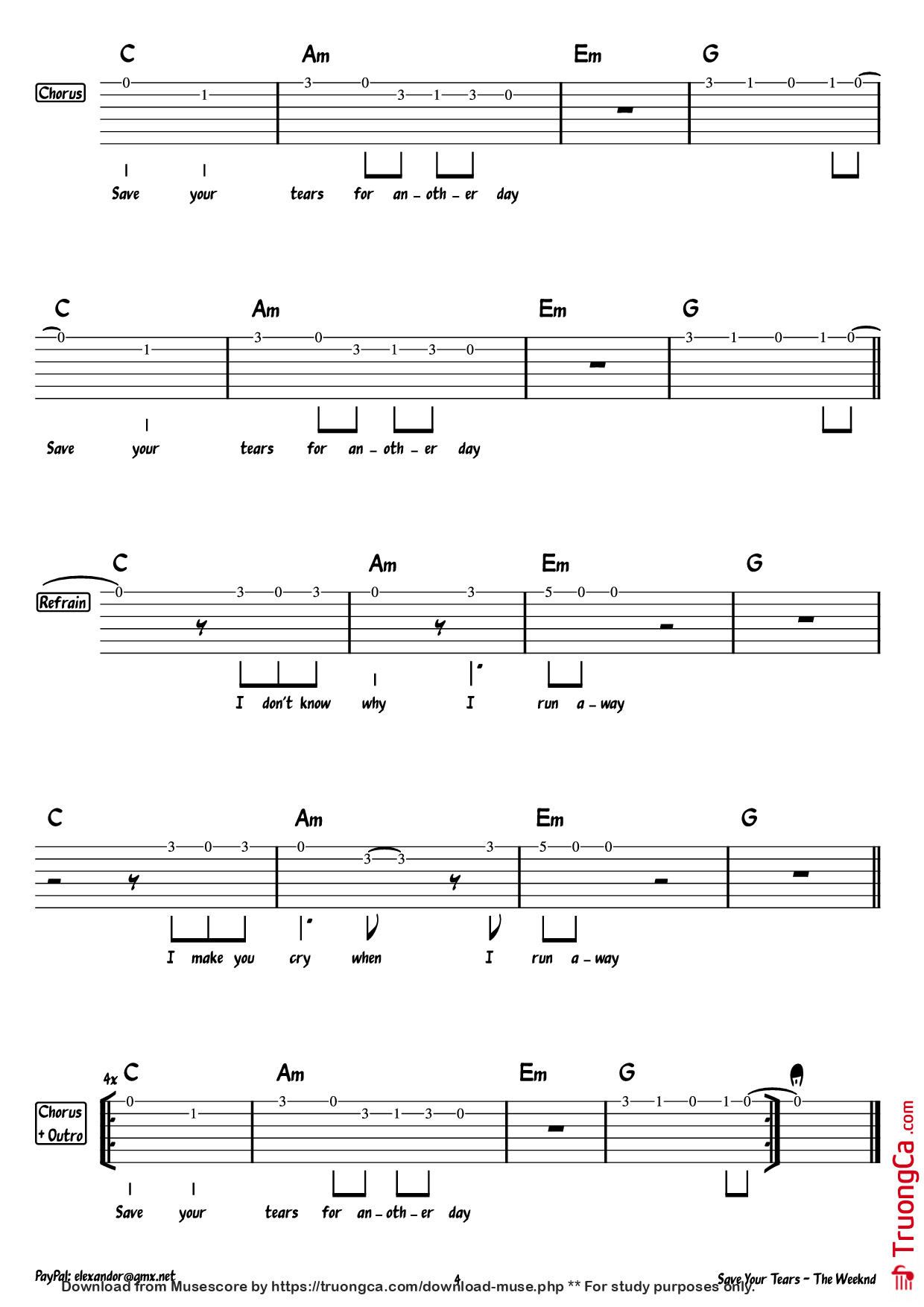 Page 4 of Sheet music PDF Guitar Tab ~ Save Your Tears ~ Guitar TAB - The Weeknd
