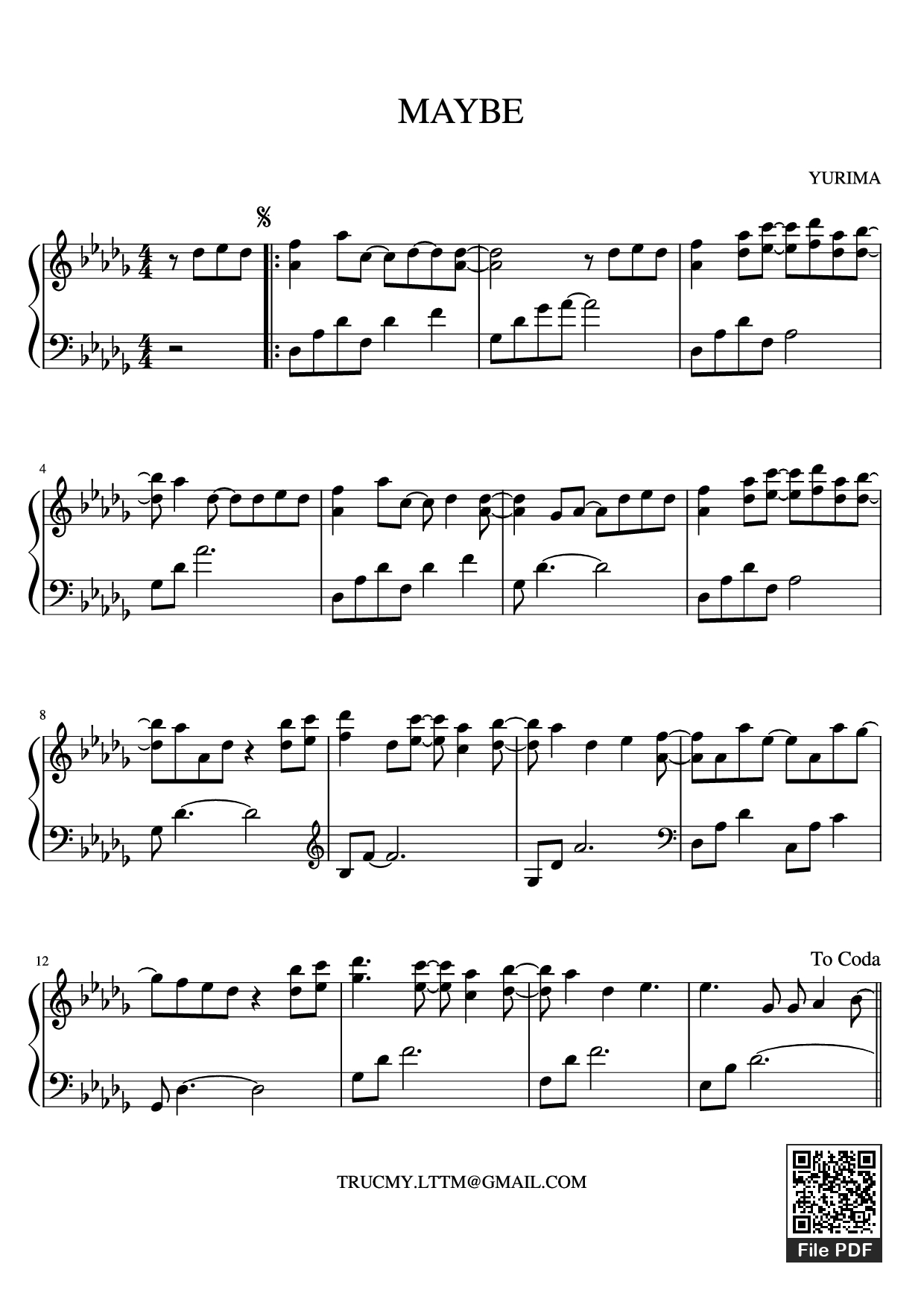 Page 1 of Sheet music PDF Piano Maybe Yurima Piano - YURIMA