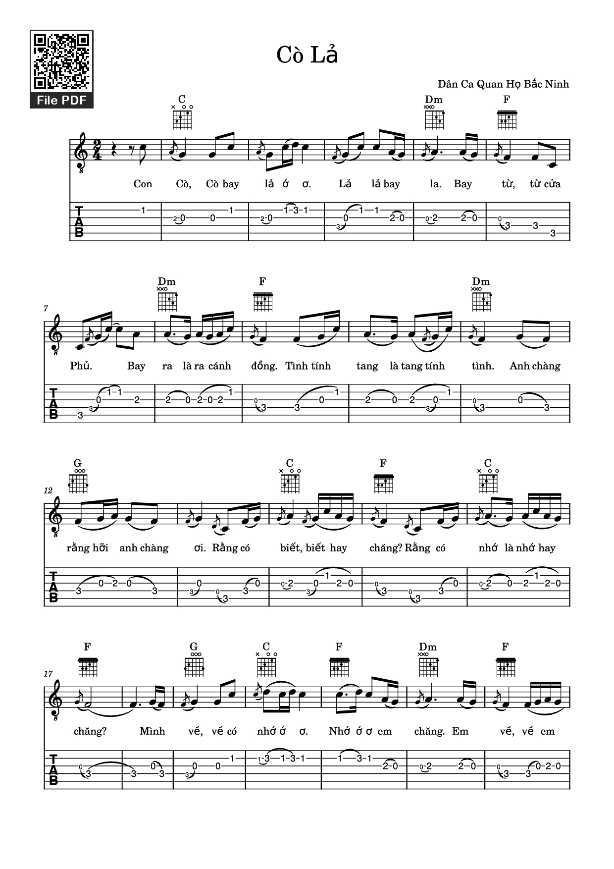 Page 1 of Sheet music PDF Guitar Tab Cò Lả Guitar TAB - Dân Ca Quan Họ Bắc Ninh