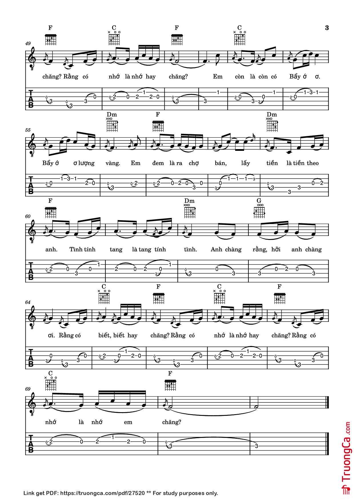 Page 3 of Sheet music PDF Guitar Tab Cò Lả Guitar TAB - Dân Ca Quan Họ Bắc Ninh