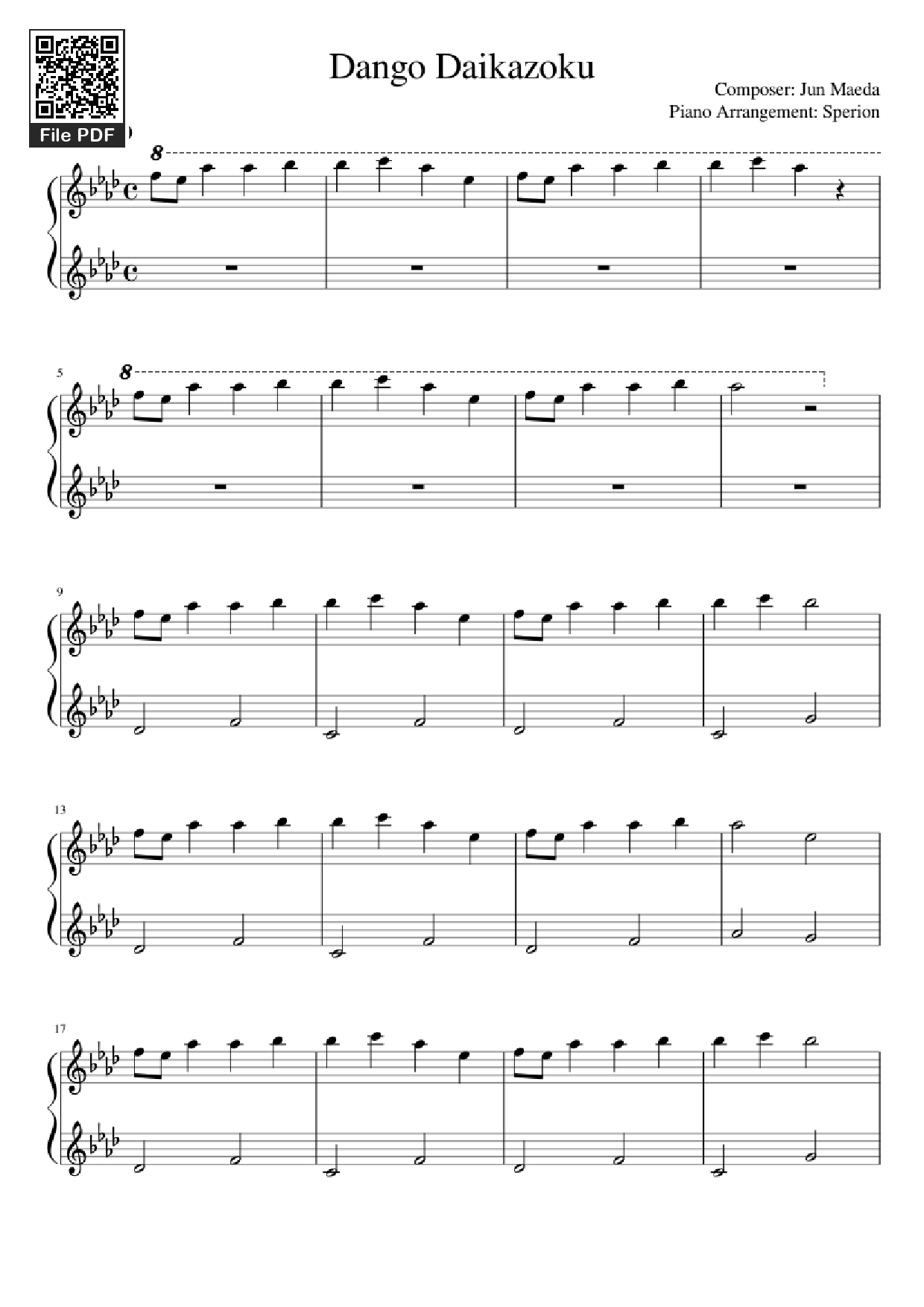 Page 1 of Sheet music PDF Piano Dango Daikazoku Piano - Jun Maeda