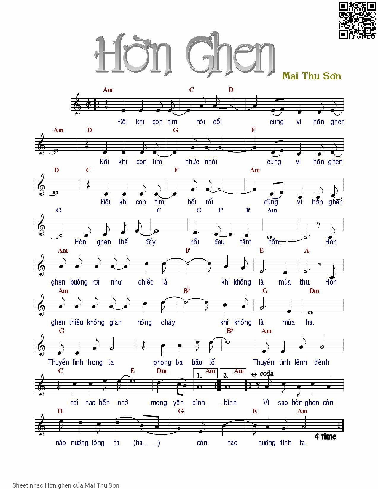 Sheet PDF of Hờn ghen - Mai Thu Sơn