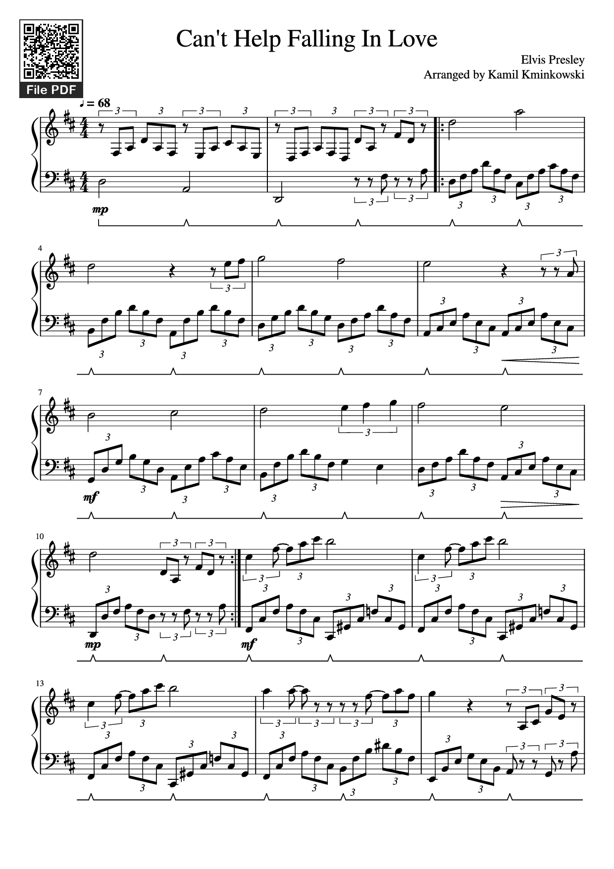 Sheet PDF of Can't Help Falling In Love Piano