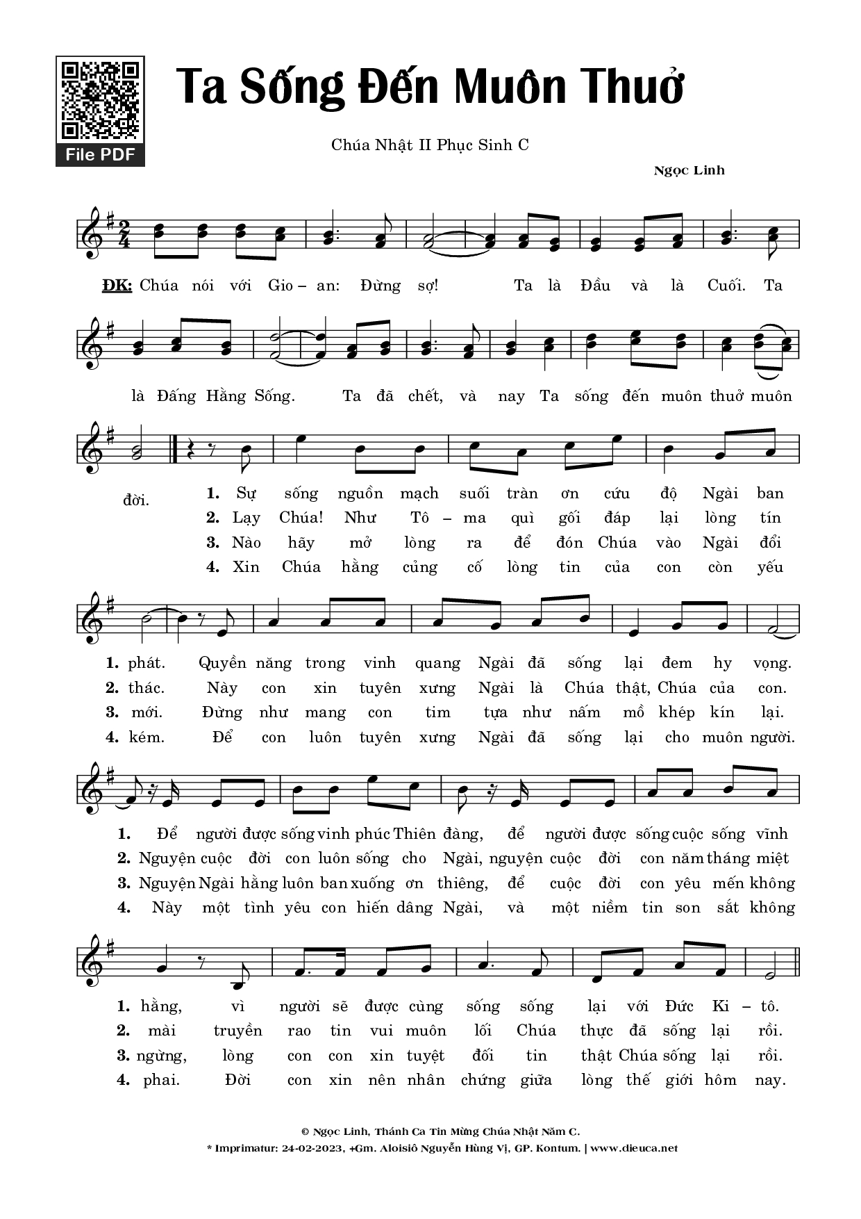 Sheet PDF of Ta Sống Đến Muôn Thuở