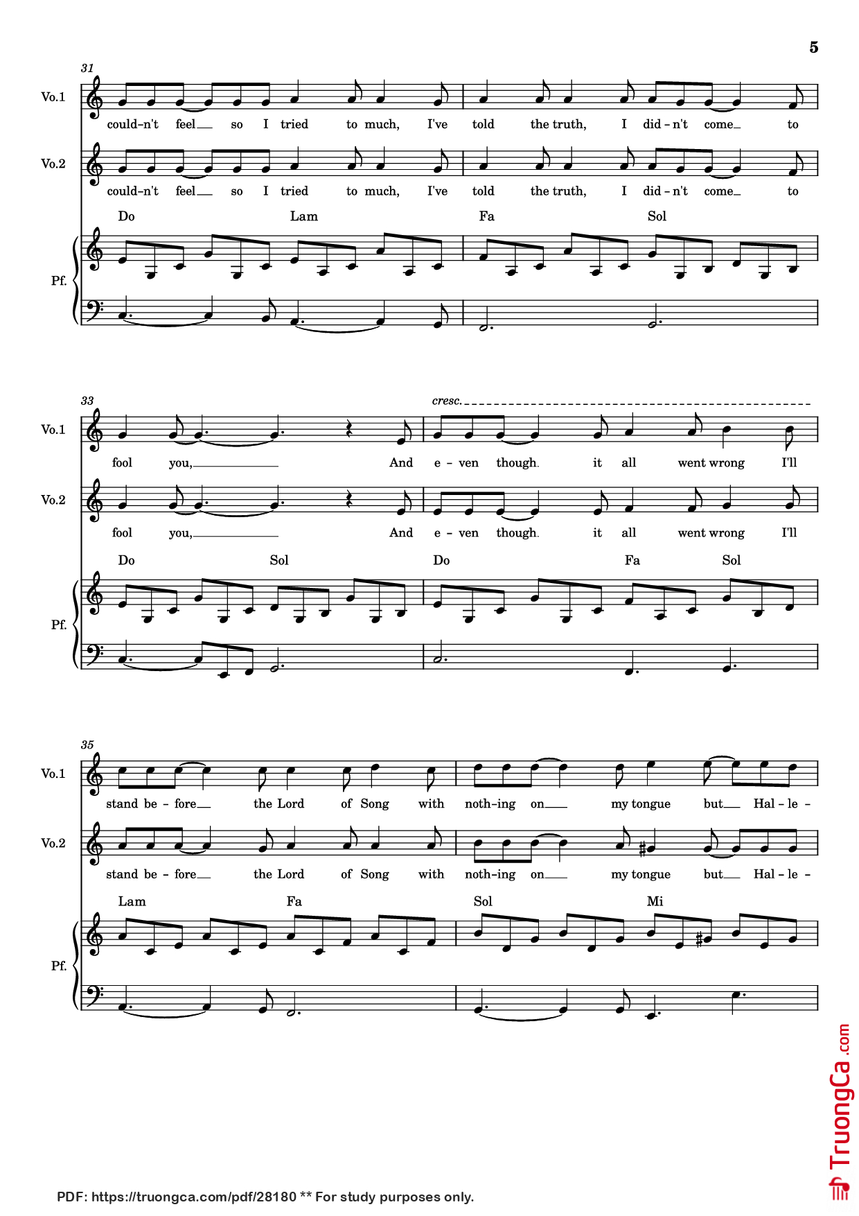 Page 5 of Sheet music PDF Piano Hallelujah Piano - Parole e musica di