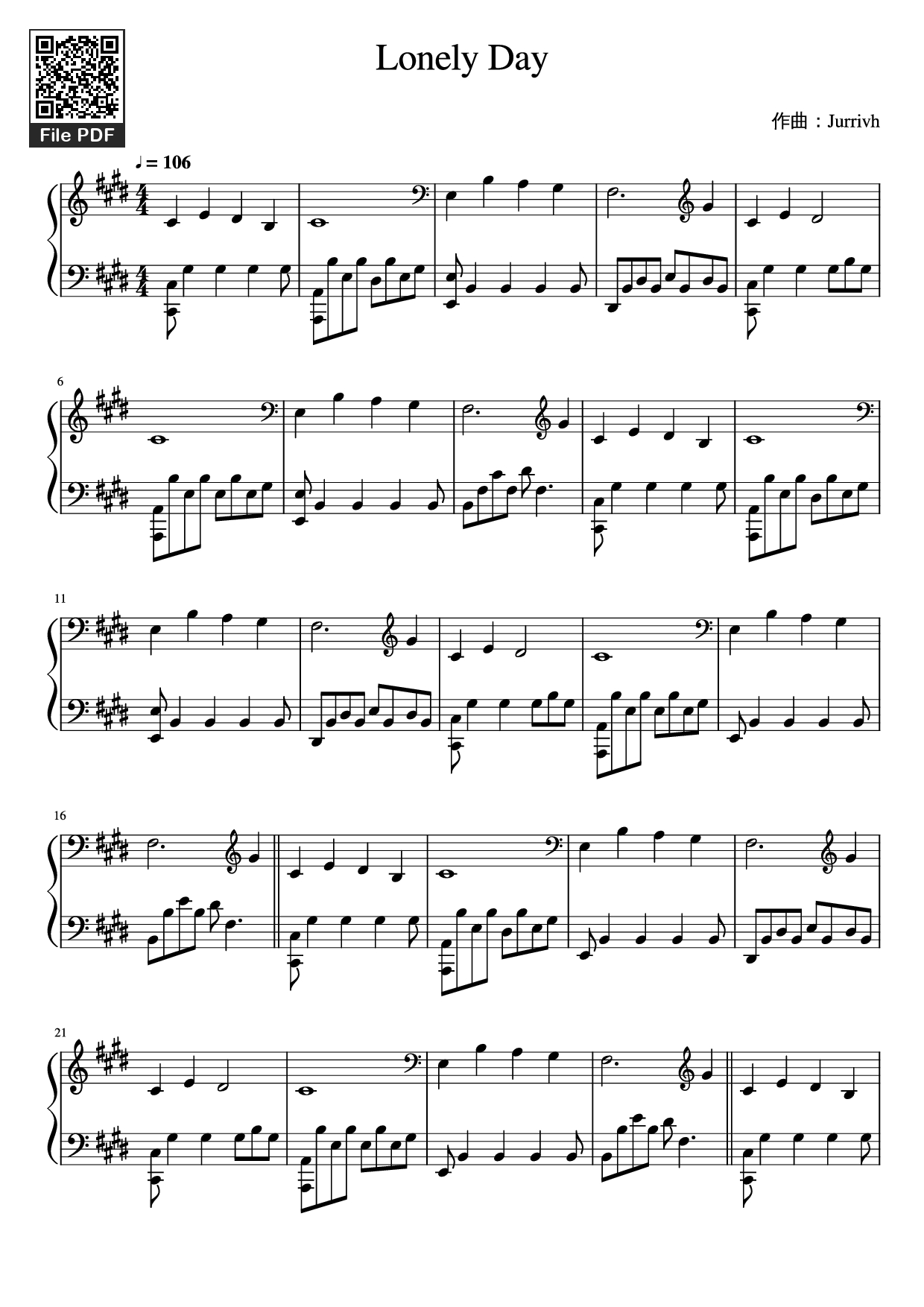 Sheet PDF of Lonely Day Piano