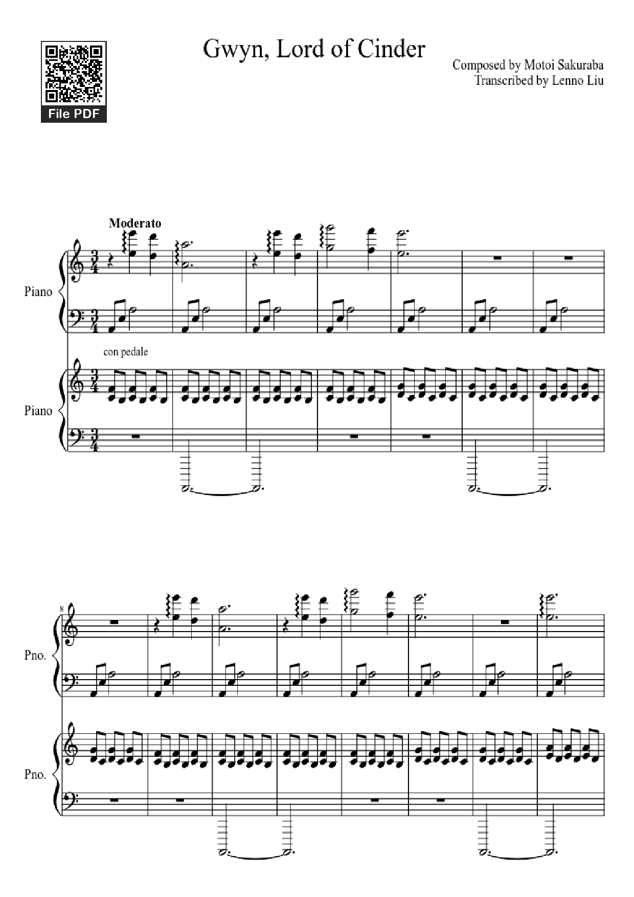 Page 1 of Sheet music PDF Piano Gwyn, Lord of Cinder Piano - Composed by Motoi Sakuraba