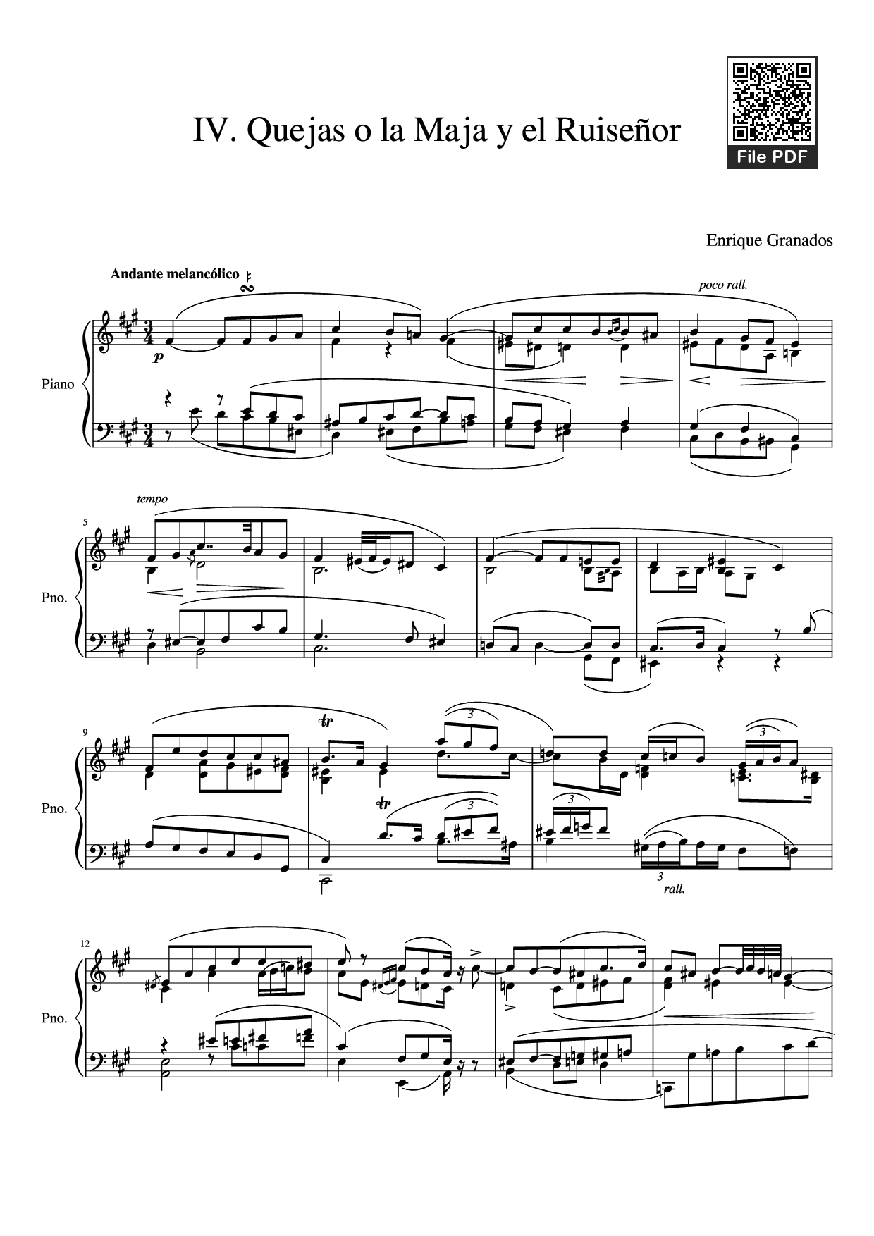 Page 1 of Sheet music PDF Piano IV. Quejas o la Maja y el Ruiseñor Piano - Enrique Granados