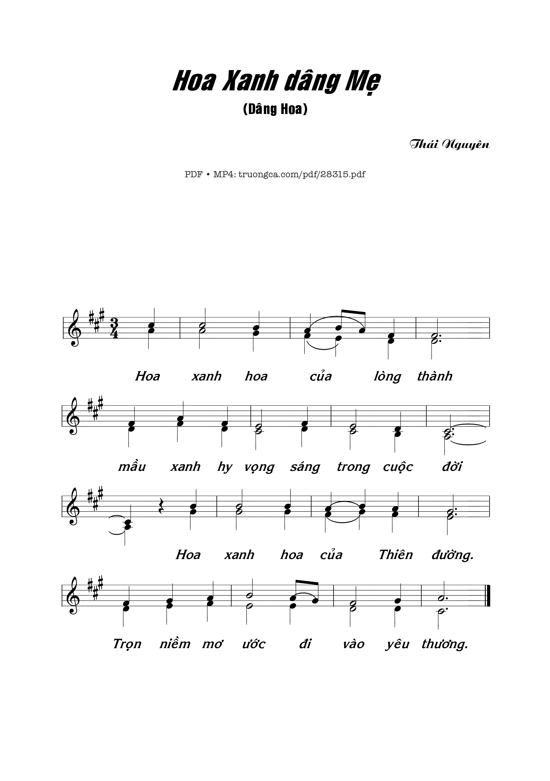 Page 1 of Sheet music PDF Hoa Xanh Dâng Mẹ - Thái Nguyên