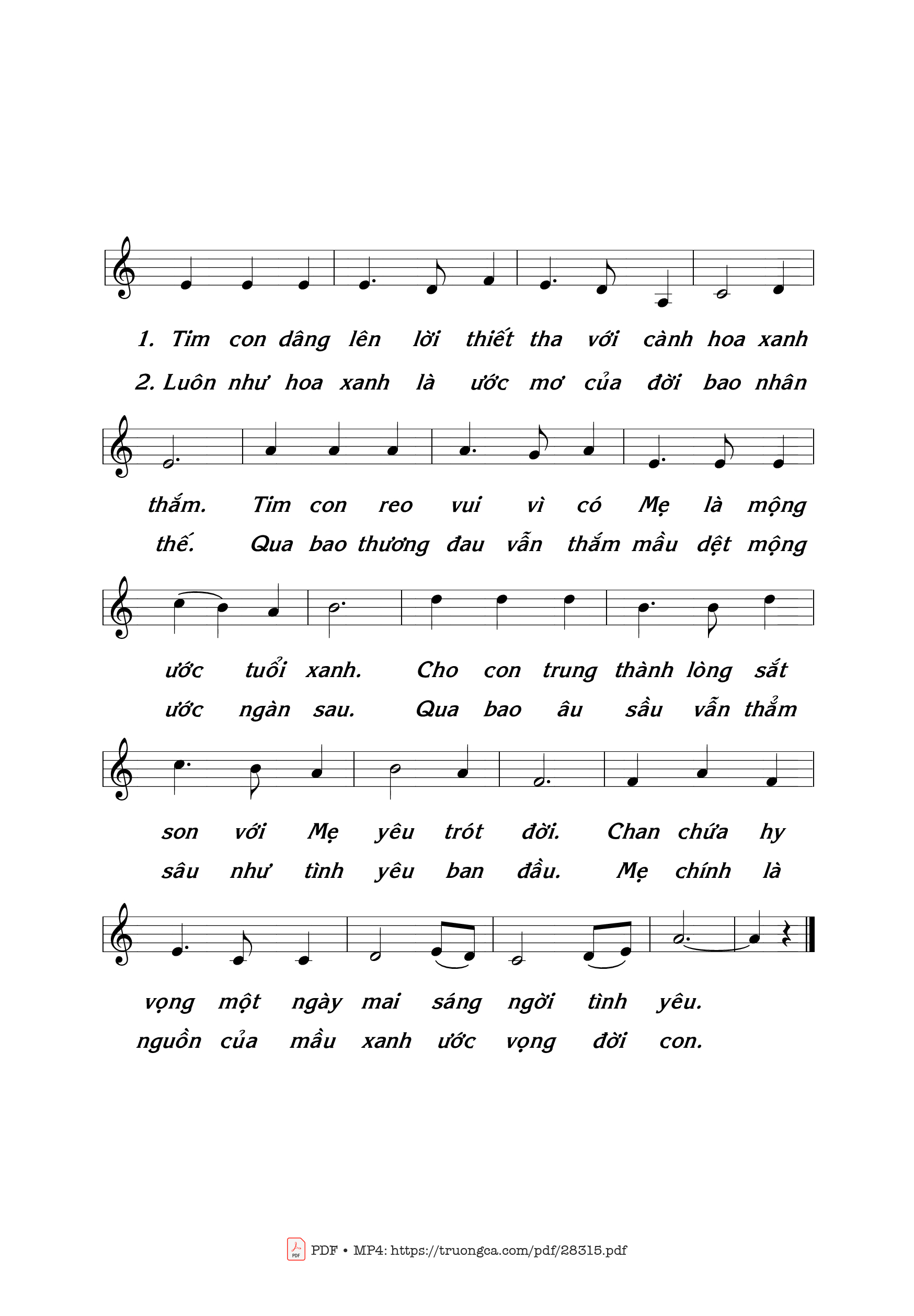 Page 2 of Sheet music PDF Hoa Xanh Dâng Mẹ - Thái Nguyên