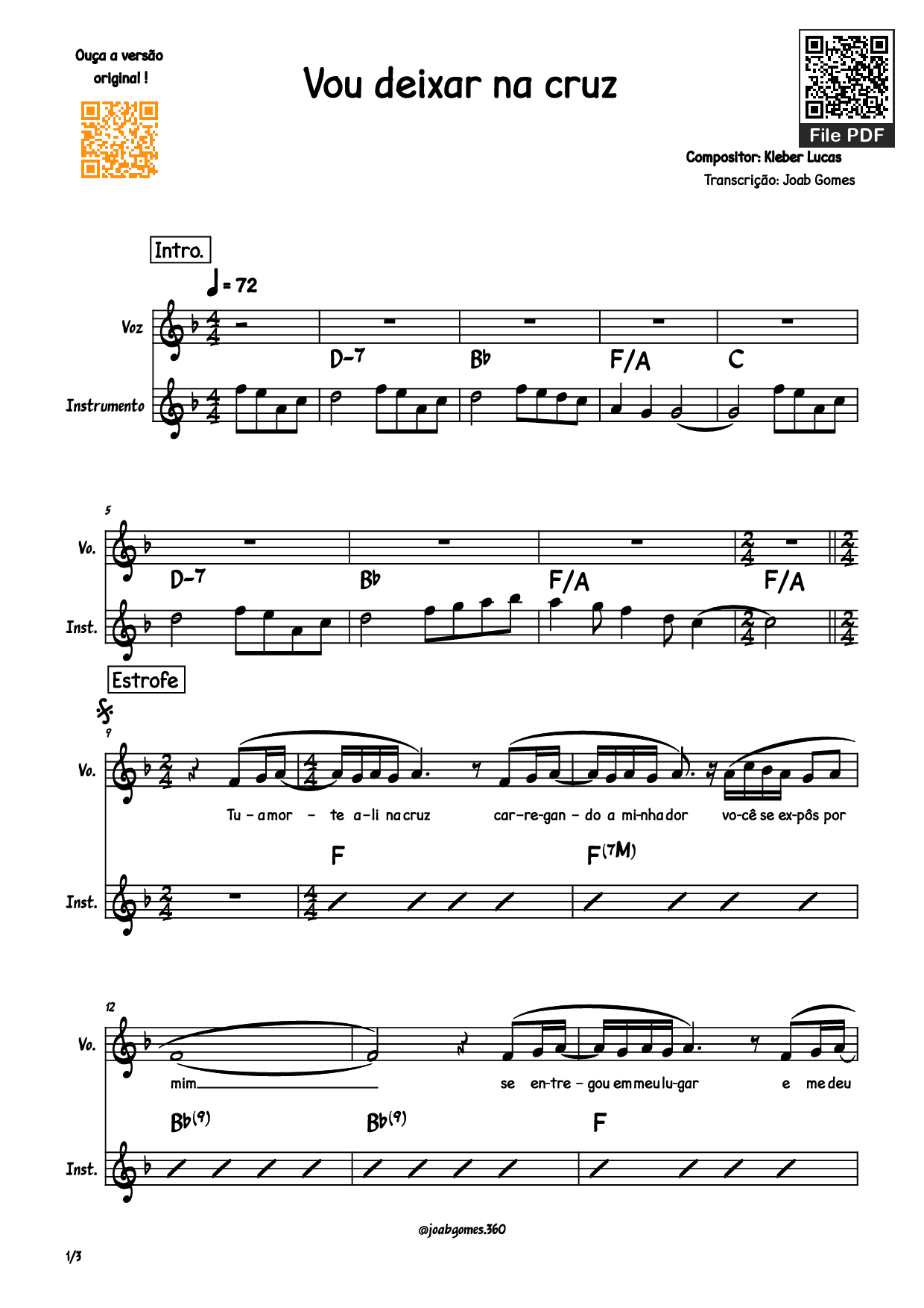Page 1 of Sheet music PDF Piano Vou deixar na cruz Piano - Compositor: Kleber Lucas
