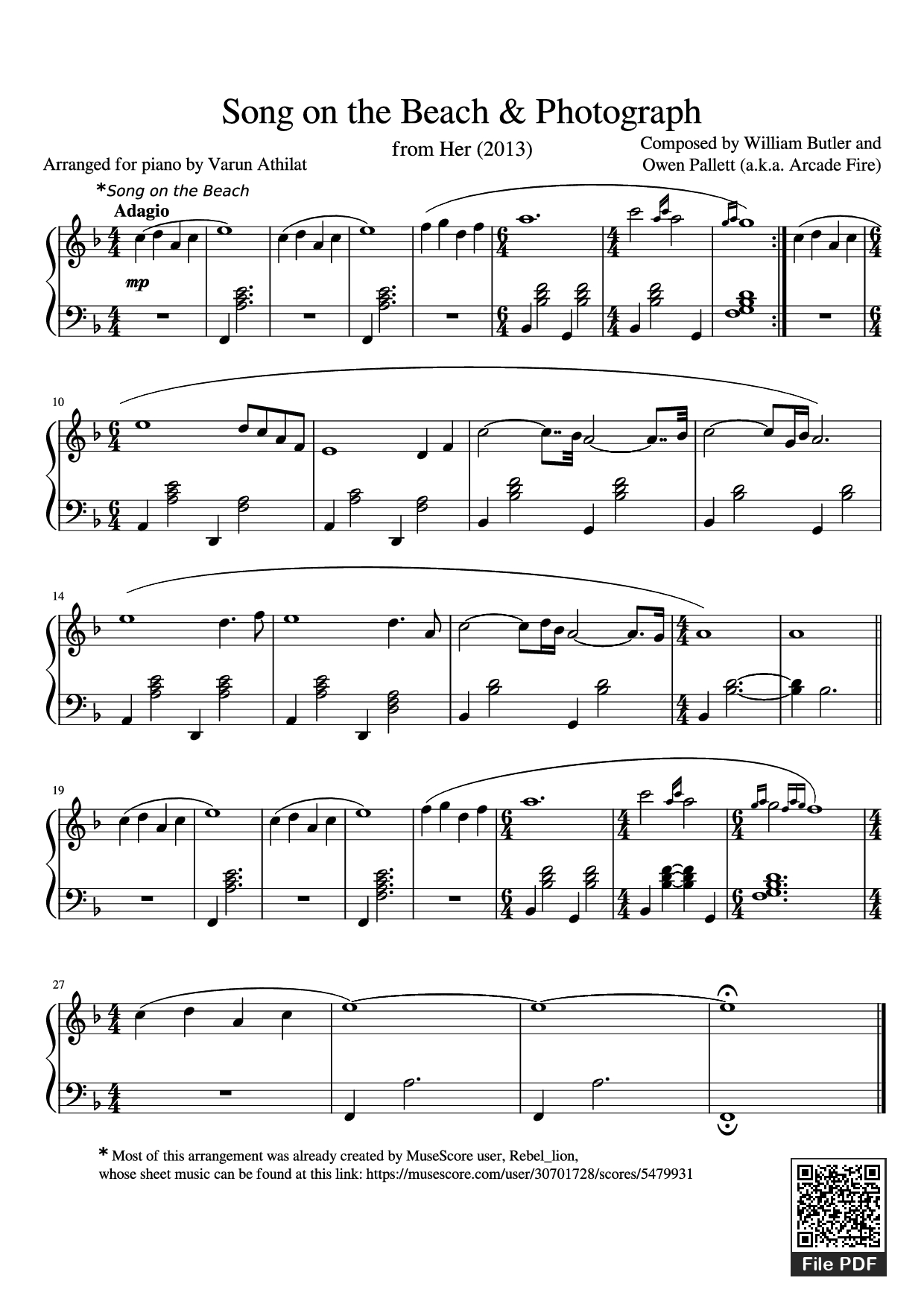 Page 1 of Sheet music PDF Piano Song on the Beach & Photograph Piano - Composed by William Butler and