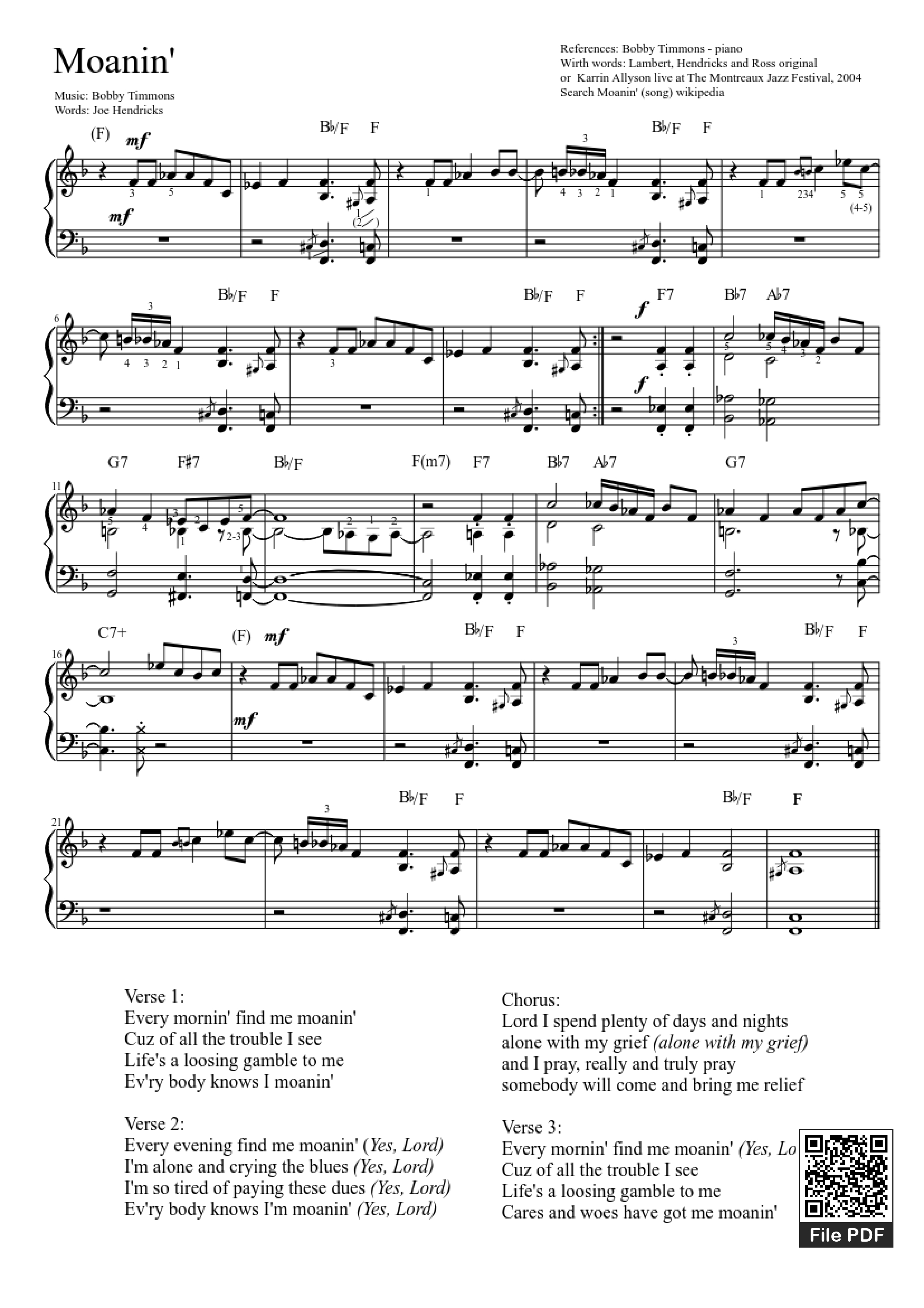 Page 1 of Sheet music PDF Piano Moanin Piano - Bobby Timmons