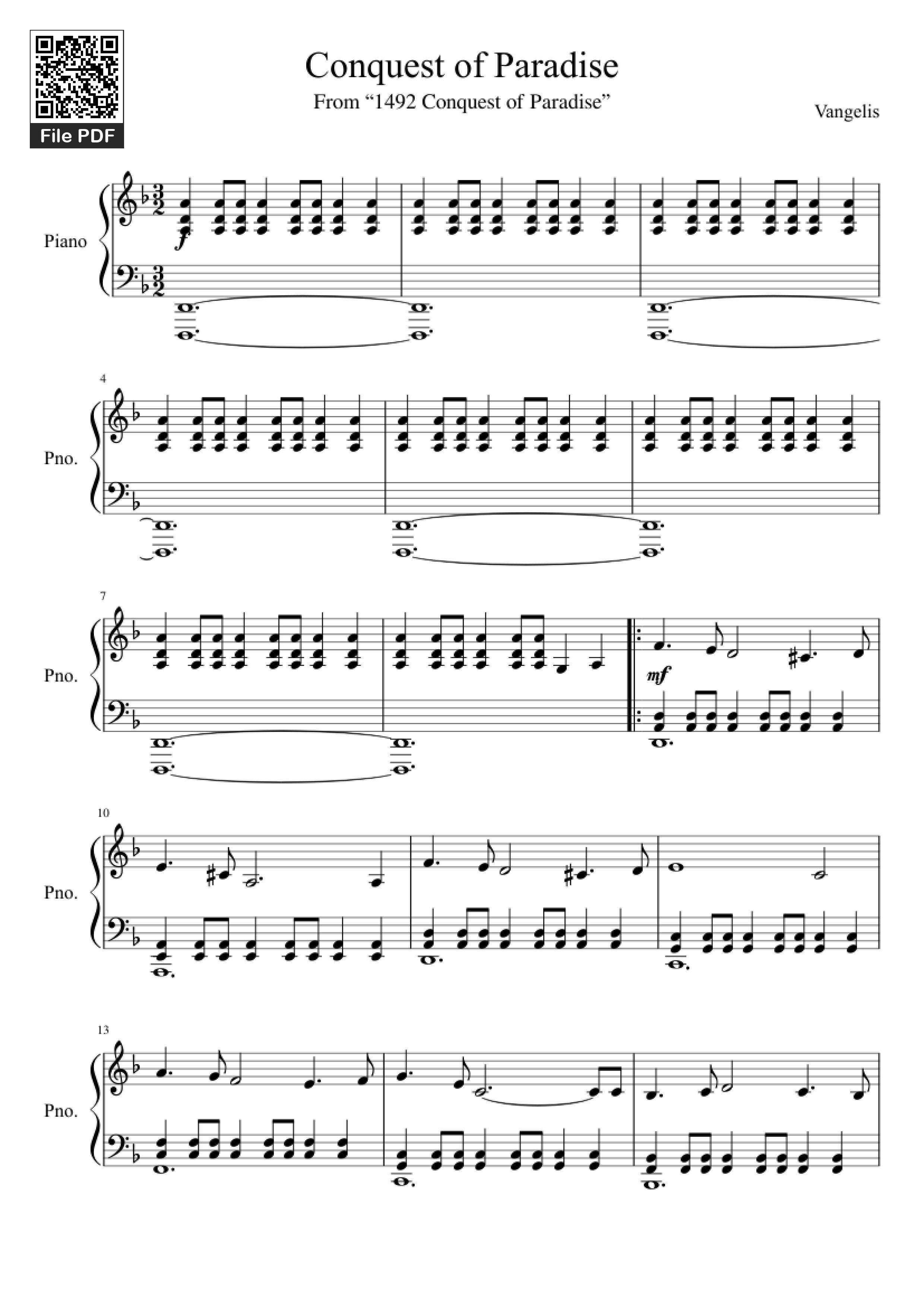 Sheet PDF of Conquest of Paradise Piano