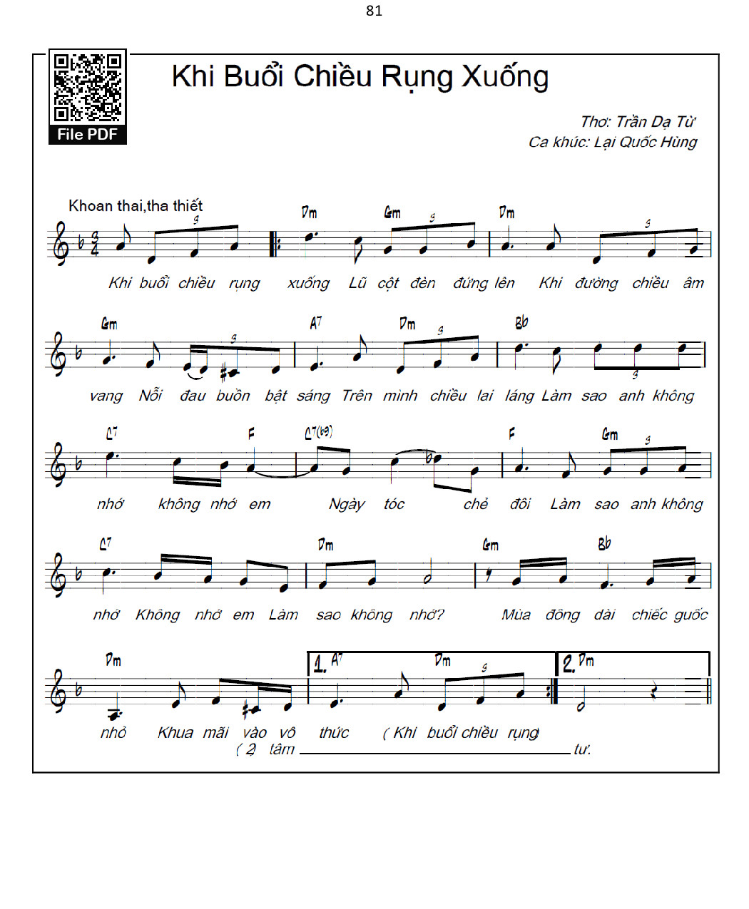 Sheet PDF of Khi buổi chiều rụng xuống