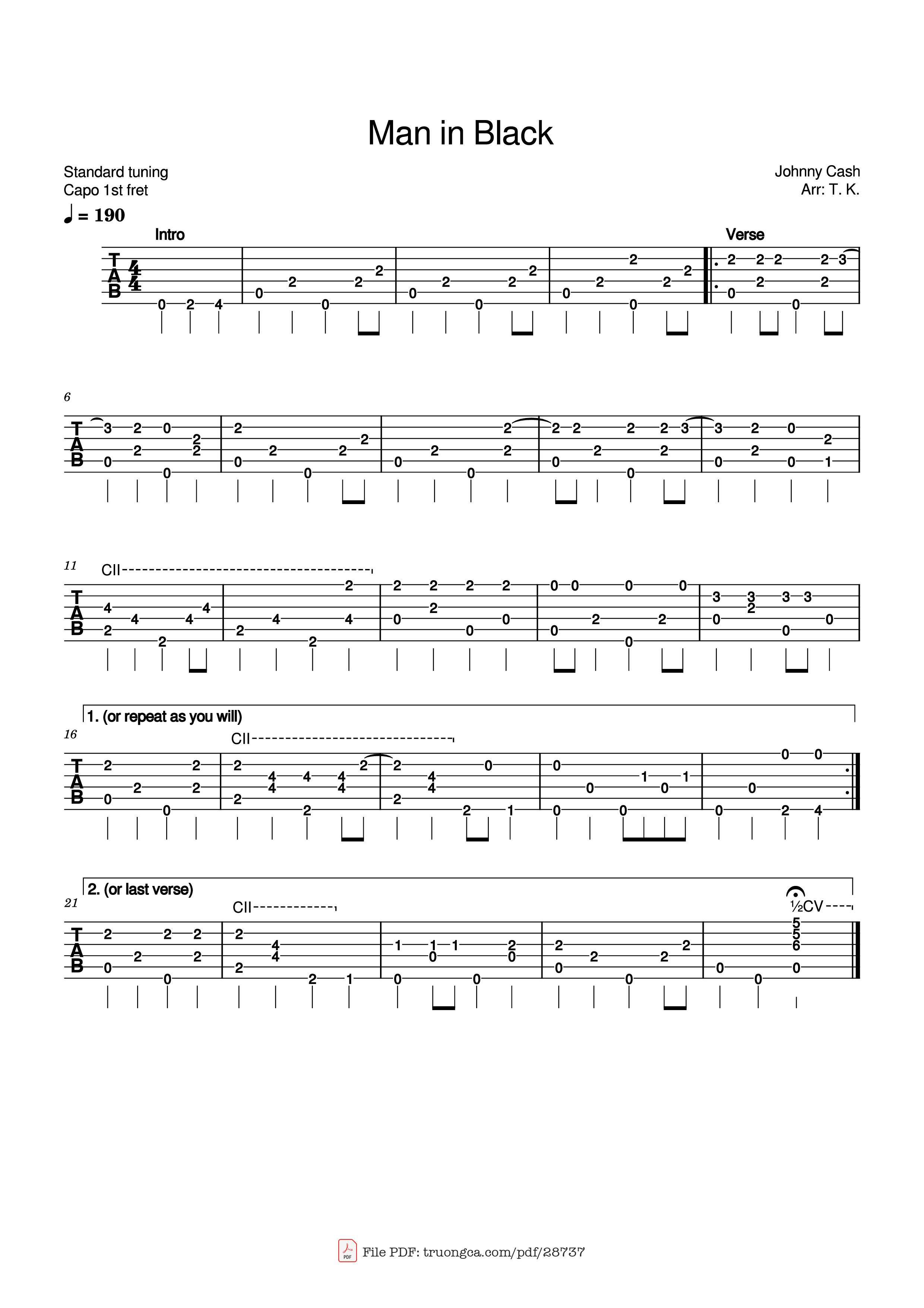 Sheet PDF of Man in Black Guitar TAB