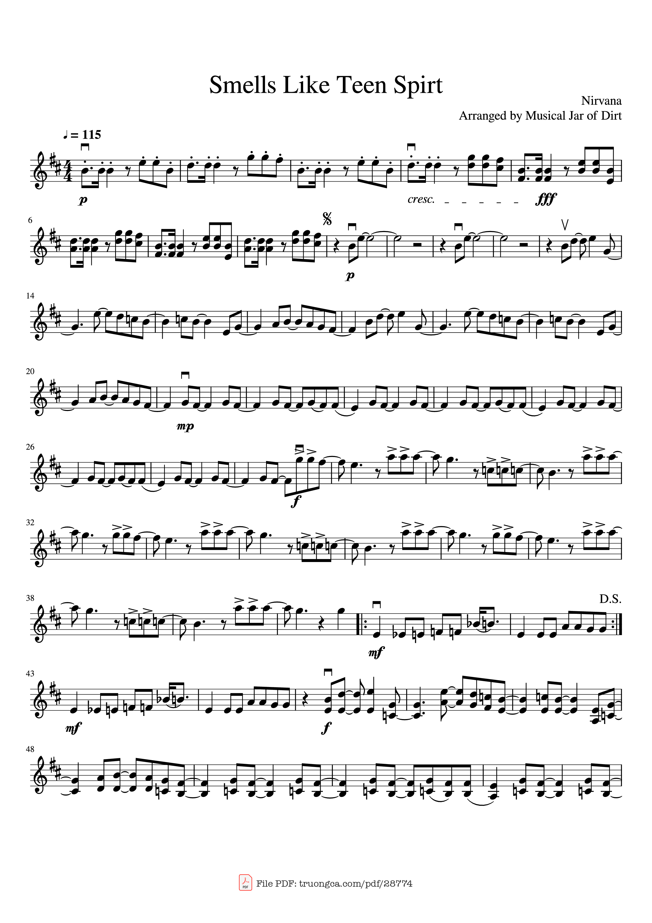 Page 1 of Sheet music PDF Smells Like Teen Spirt Violin - Nirvana Arranged by Musical Jar of Dirt