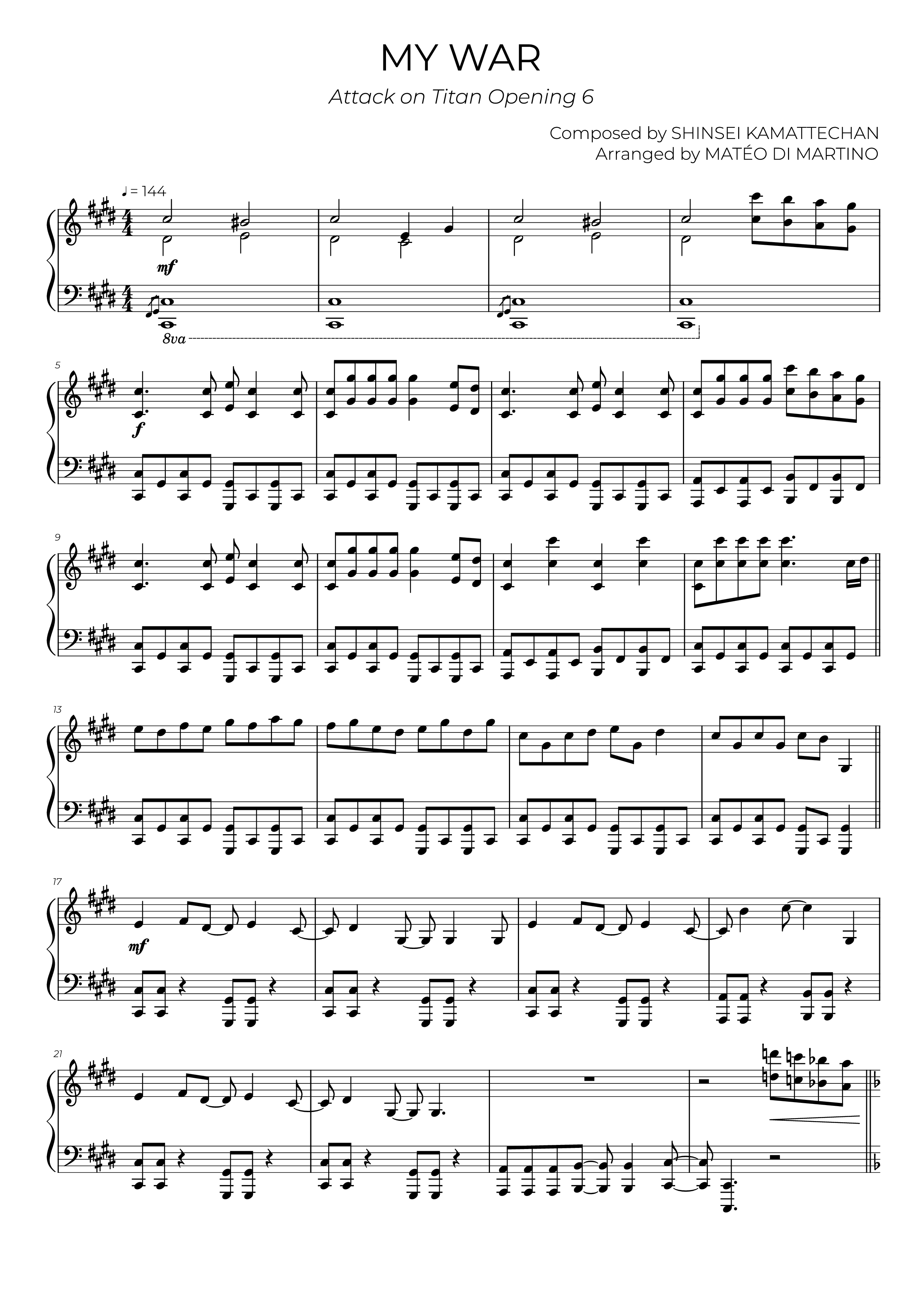 Page 1 of Sheet music PDF Piano MY WAR Piano - Composed by SHINSEI KAMATTECHAN