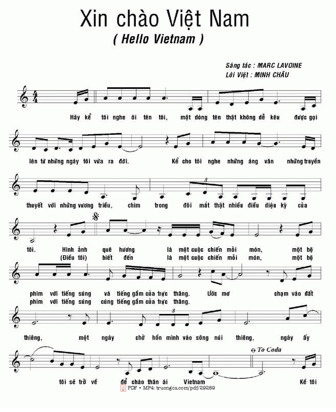Sheet PDF of Xin Chào Việt Nam (Hello Vietnam)