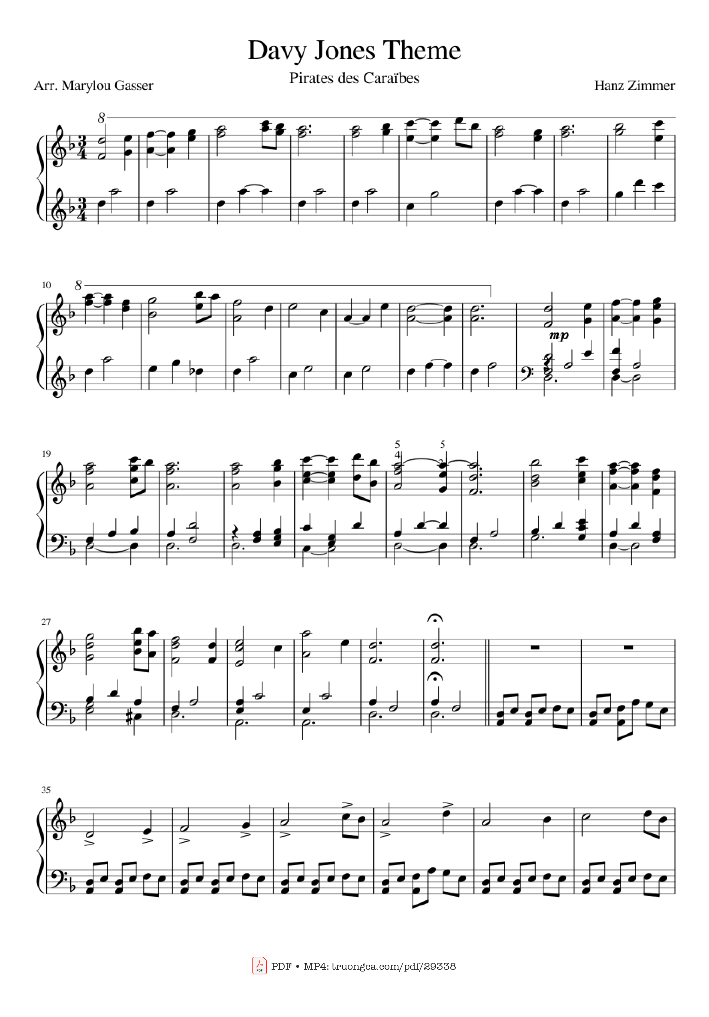 Sheet PDF of Davy Jones Theme Piano