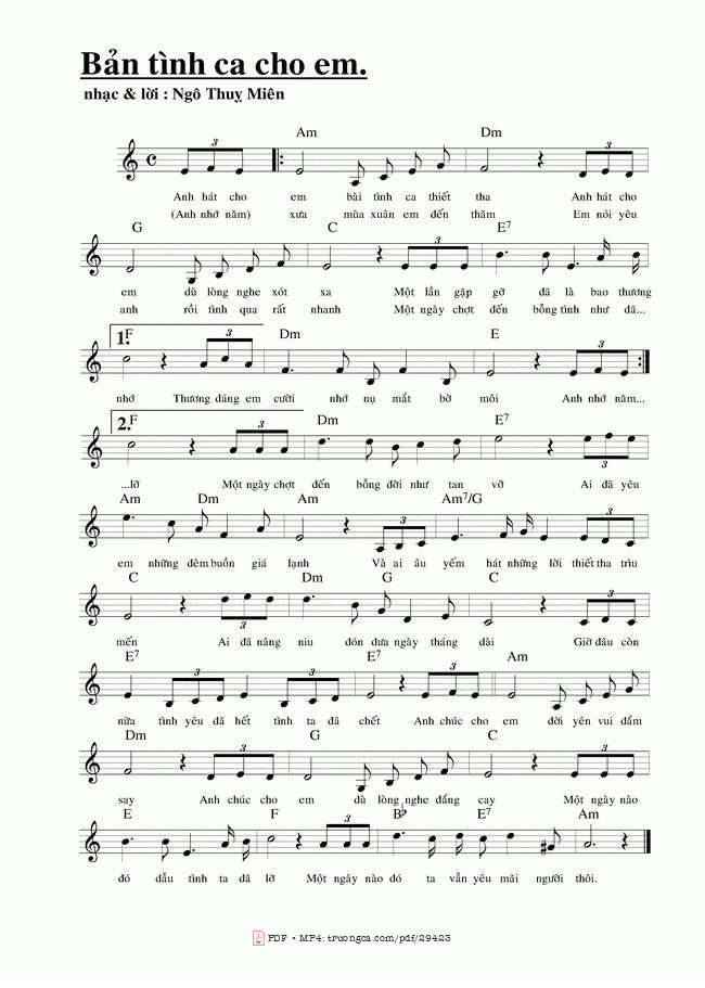 Page 1 of Sheet music PDF Bản Tình Ca Cho Em - Ngô Thụy Miên