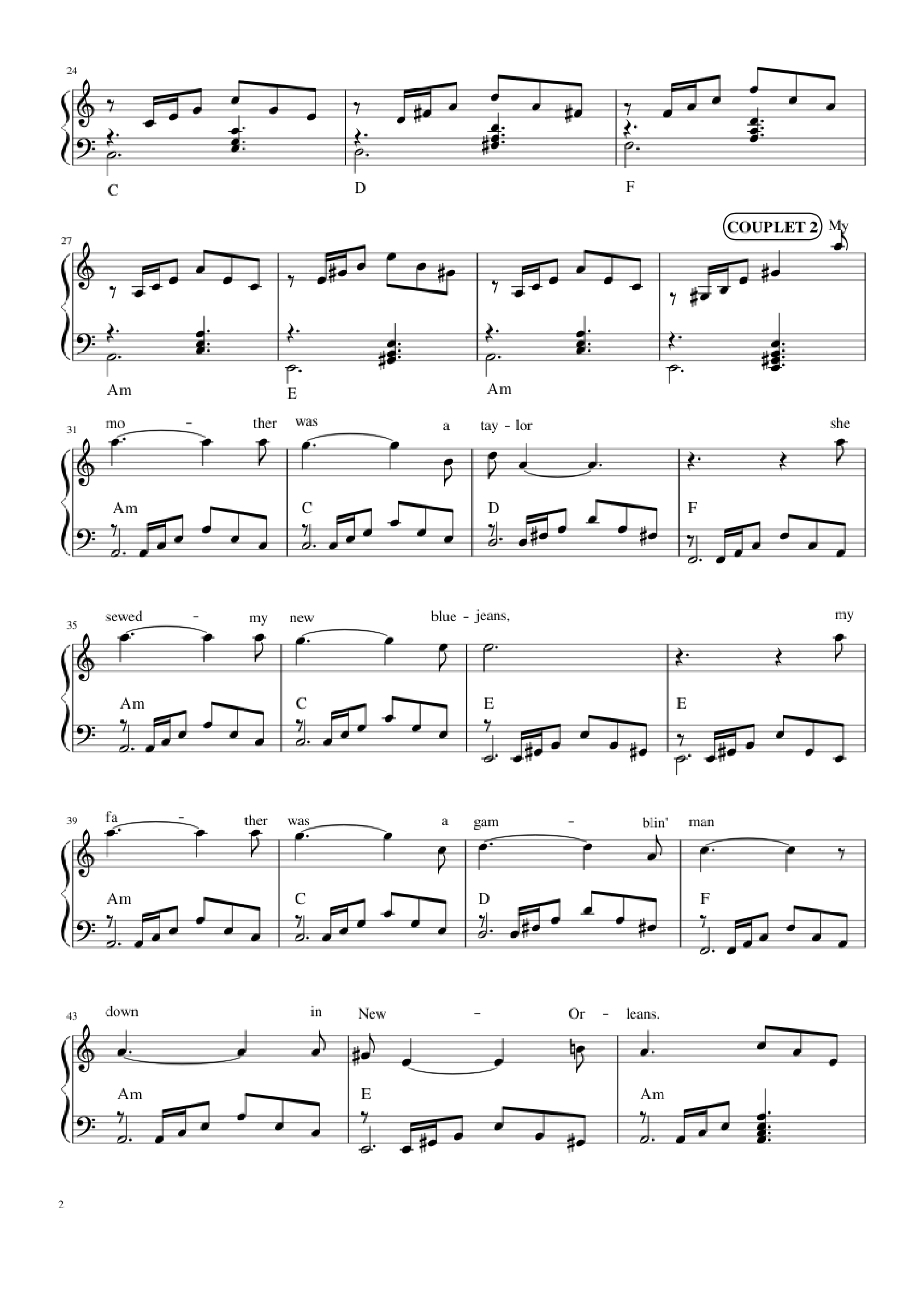 Page 2 of Sheet music PDF Piano The house of the rising sun (The Animals) Piano - Bernard Delahaye
