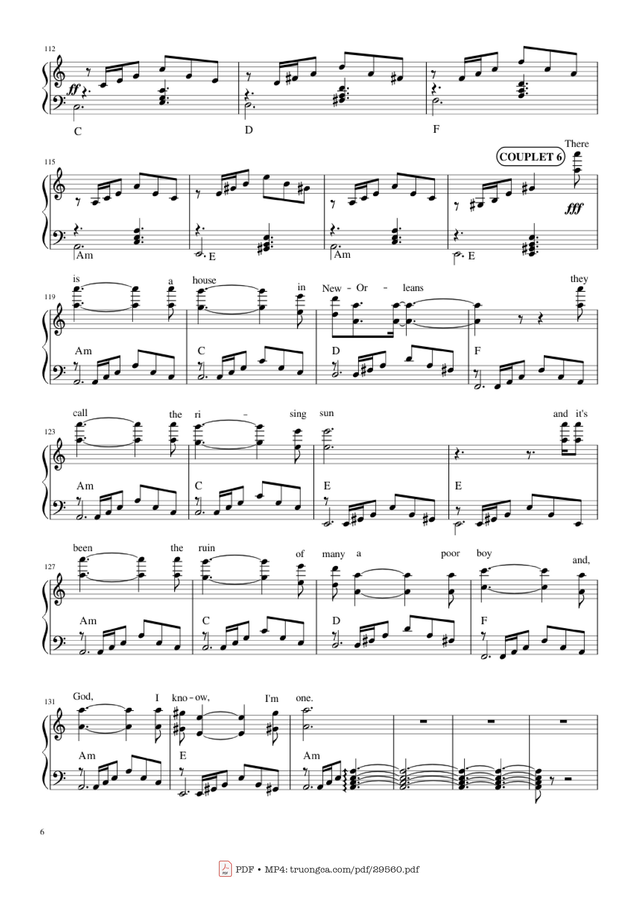 Page 6 of Sheet music PDF Piano The house of the rising sun (The Animals) Piano - Bernard Delahaye