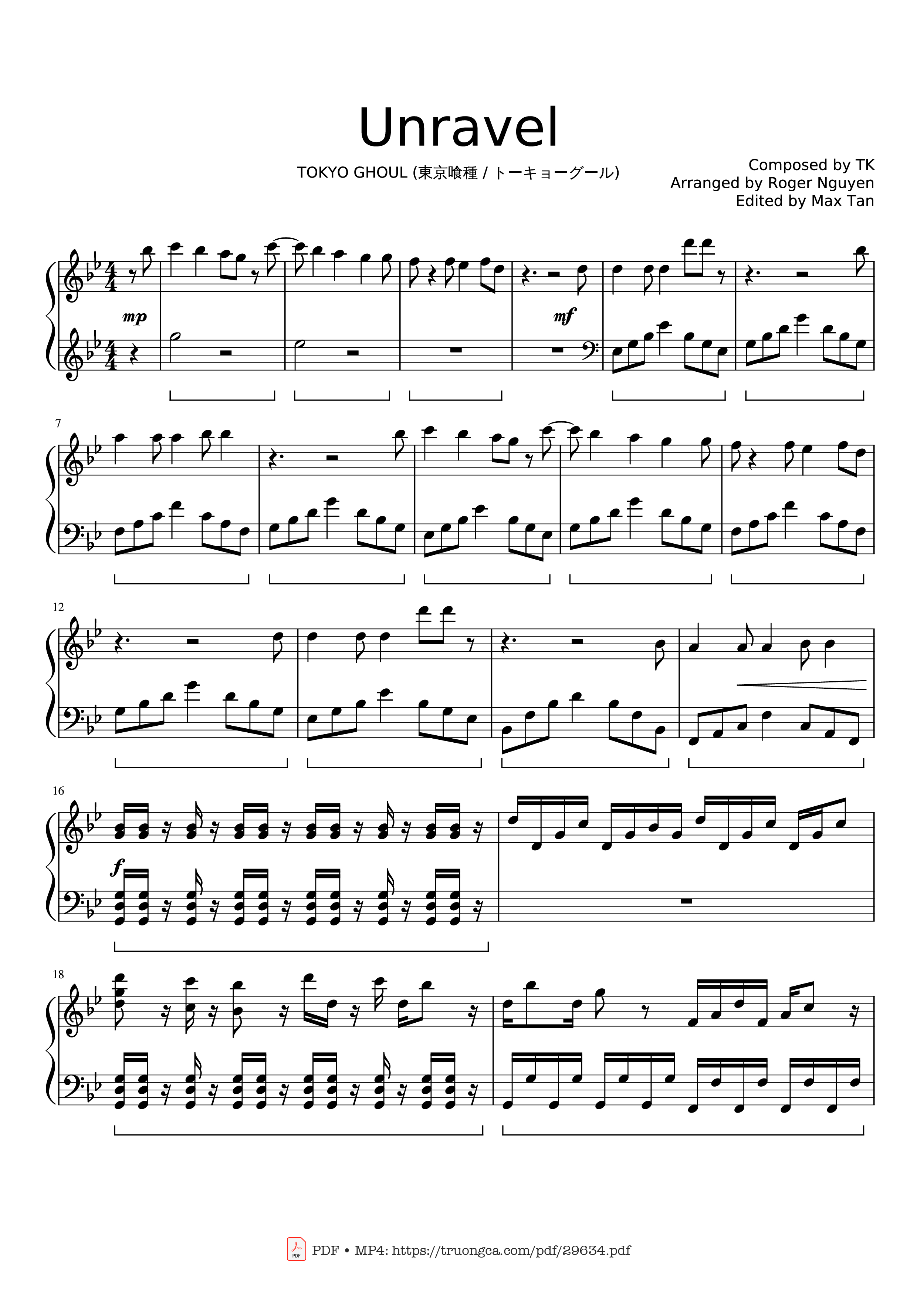 Page 1 of Sheet music PDF Piano Unravel Piano - Composed by TK Arranged by Roger Nguyen Edited by Max Tan