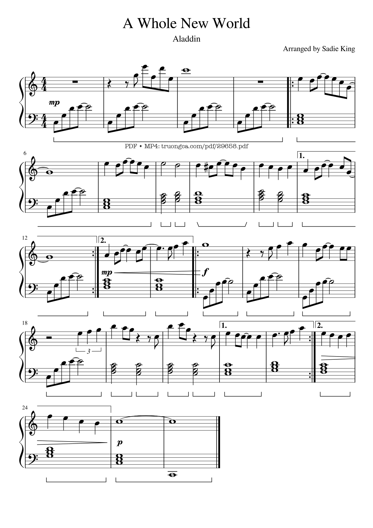 Page 1 of Sheet music PDF A Whole New World Piano EASY - SadieKing27