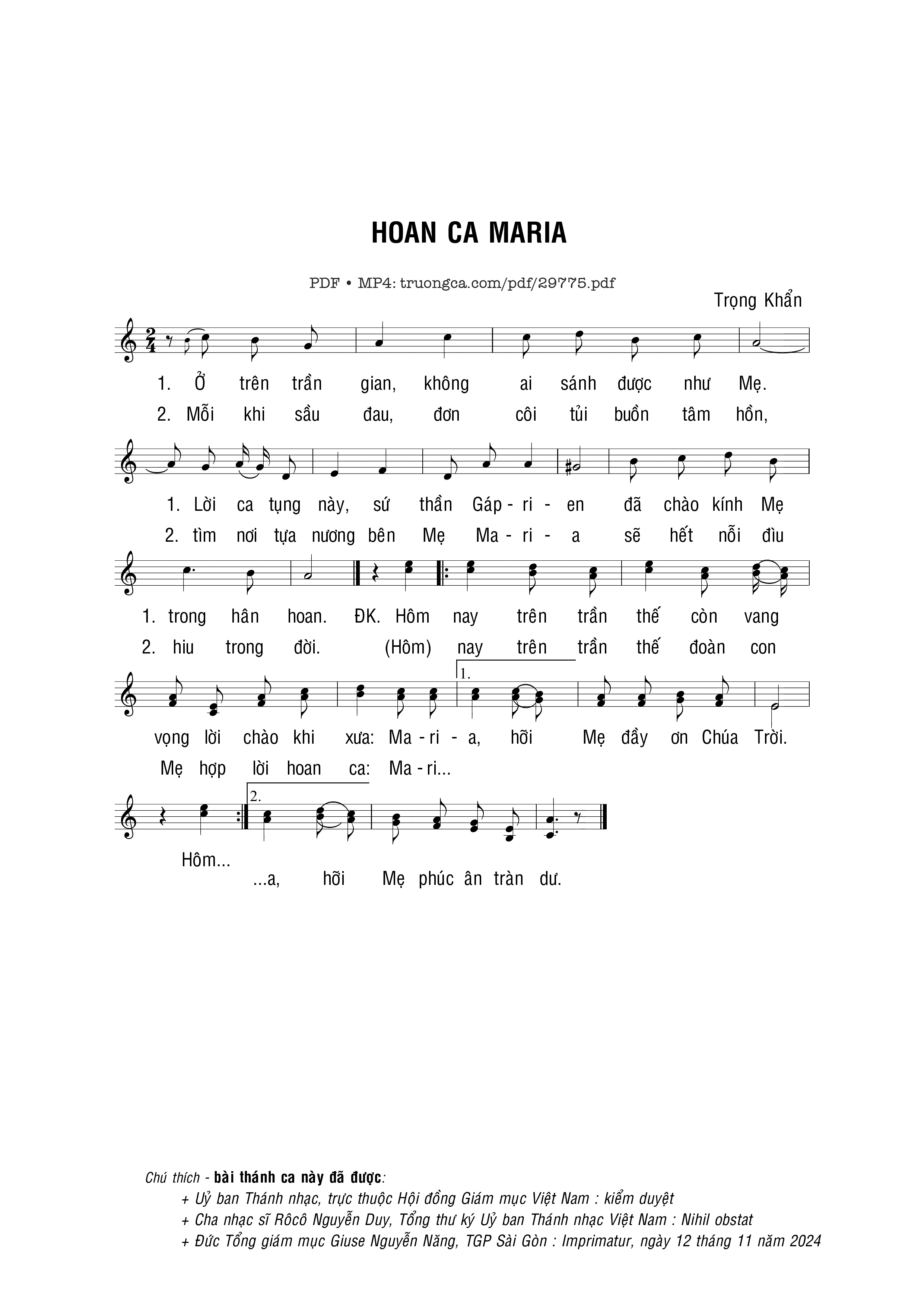 Sheet PDF of Hoan ca Maria - Trọng Khẩn