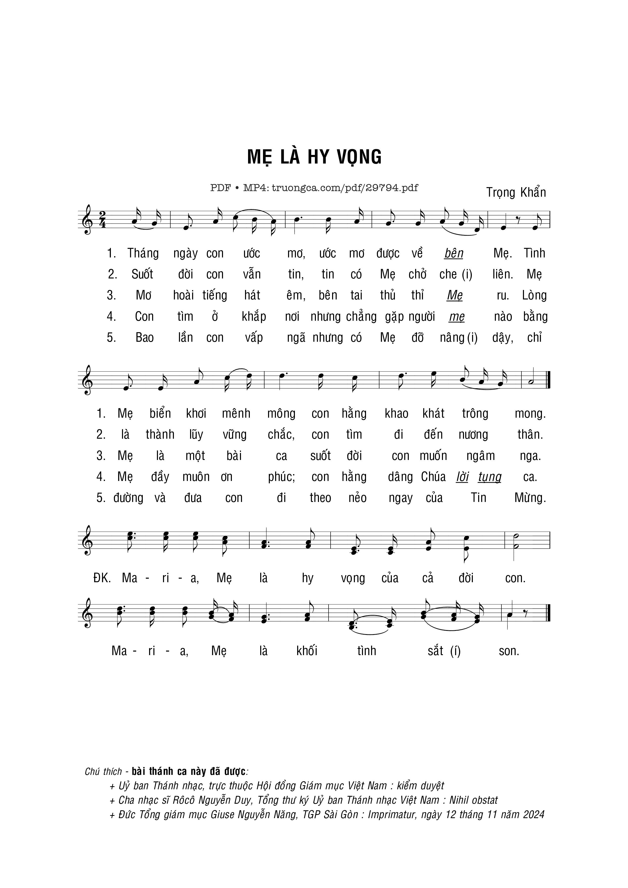 Page 1 of Sheet music PDF Mẹ là hy vọng - Trọng Khẩn