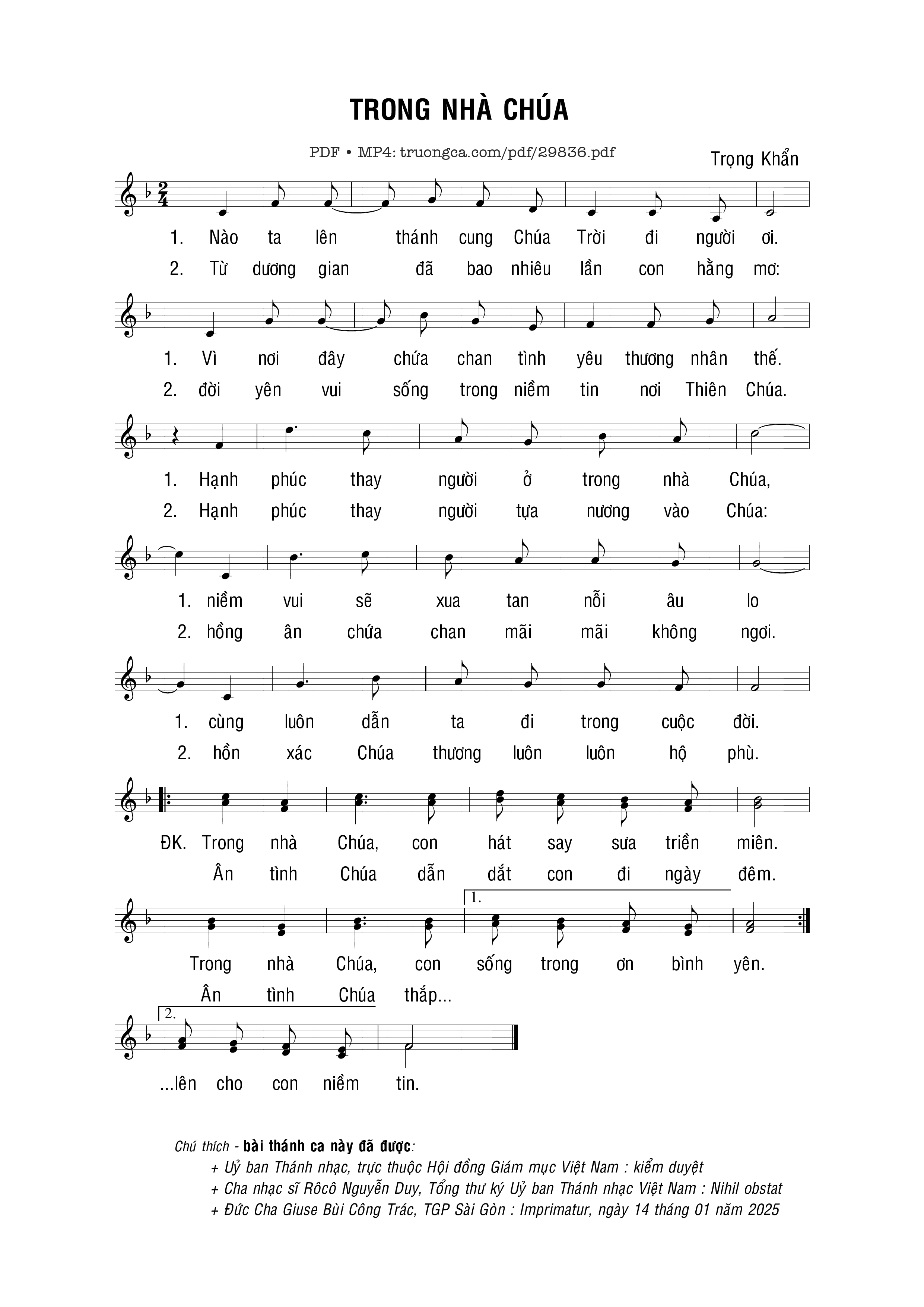 Page 1 of Sheet music PDF Trong nhà Chúa - Trọng Khẩn