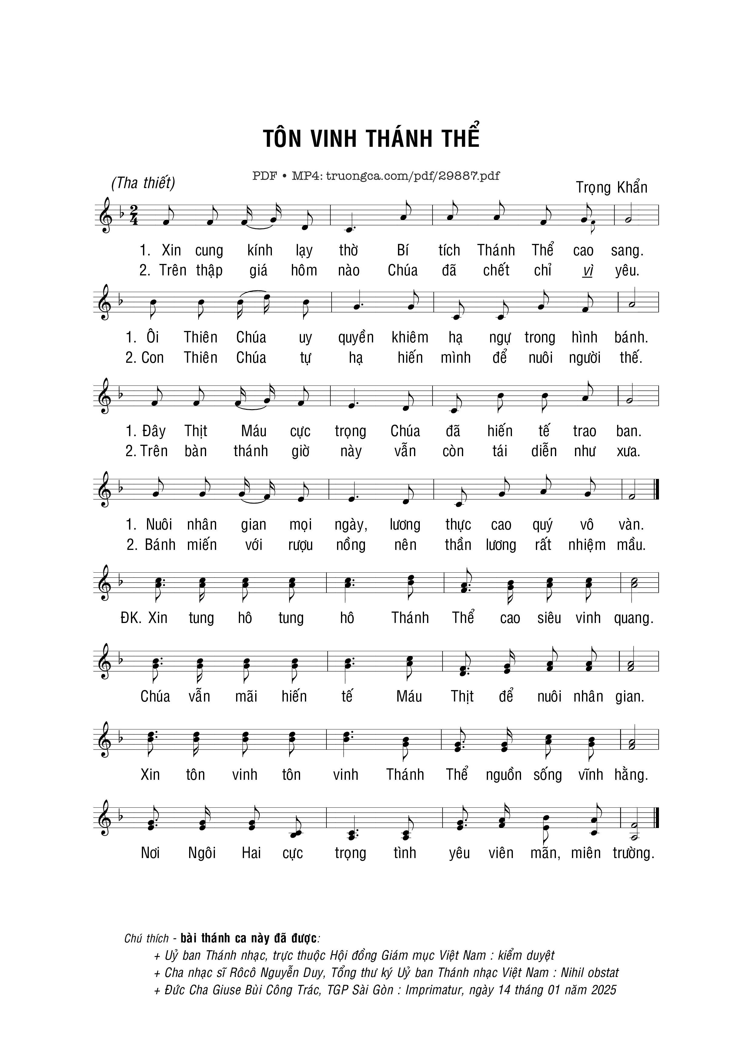 Page 1 of Sheet music PDF Tôn vinh Thánh Thể - Trọng Khẩn