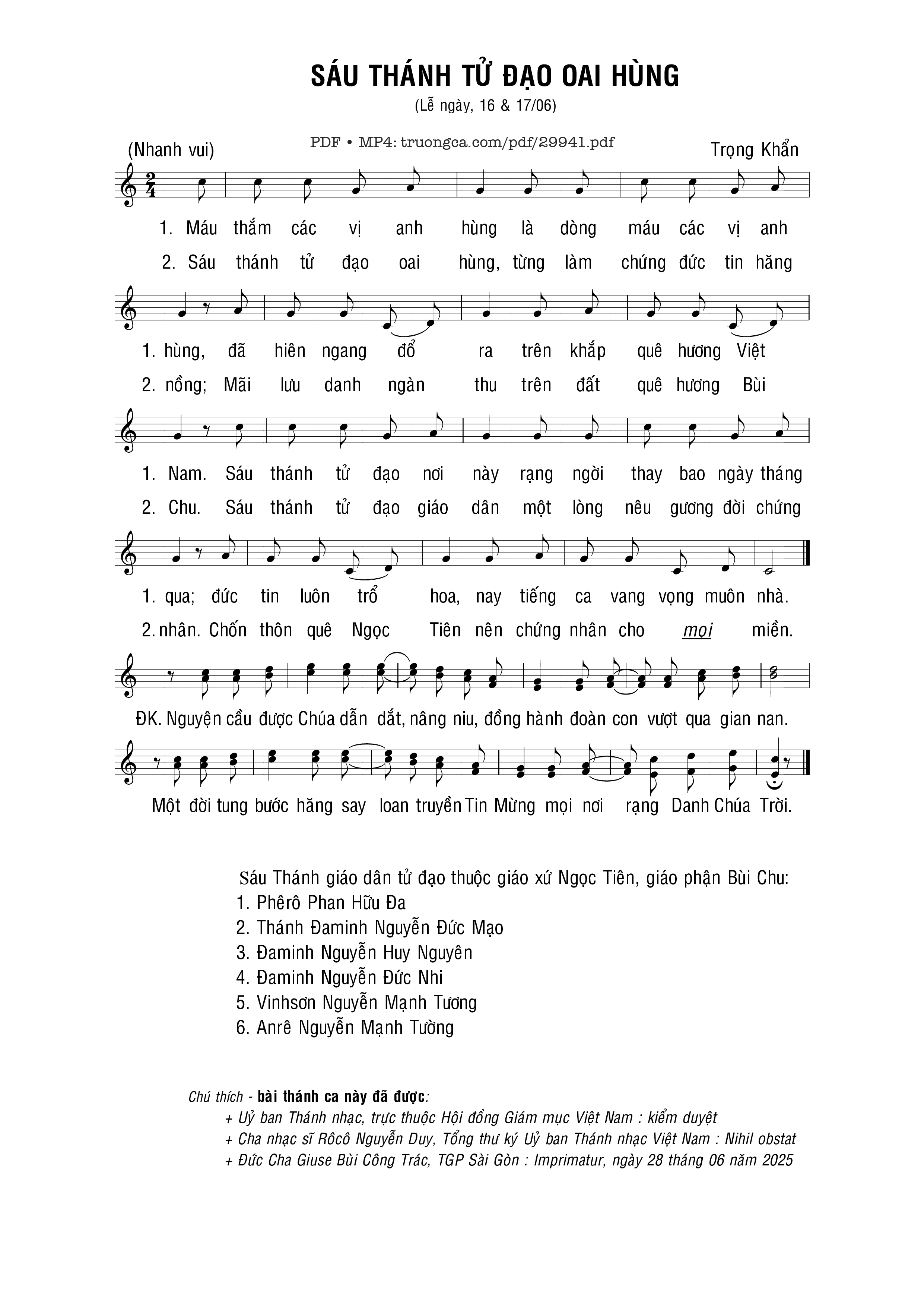 Sheet PDF of Sáu Thánh Tử đạo oai hùng