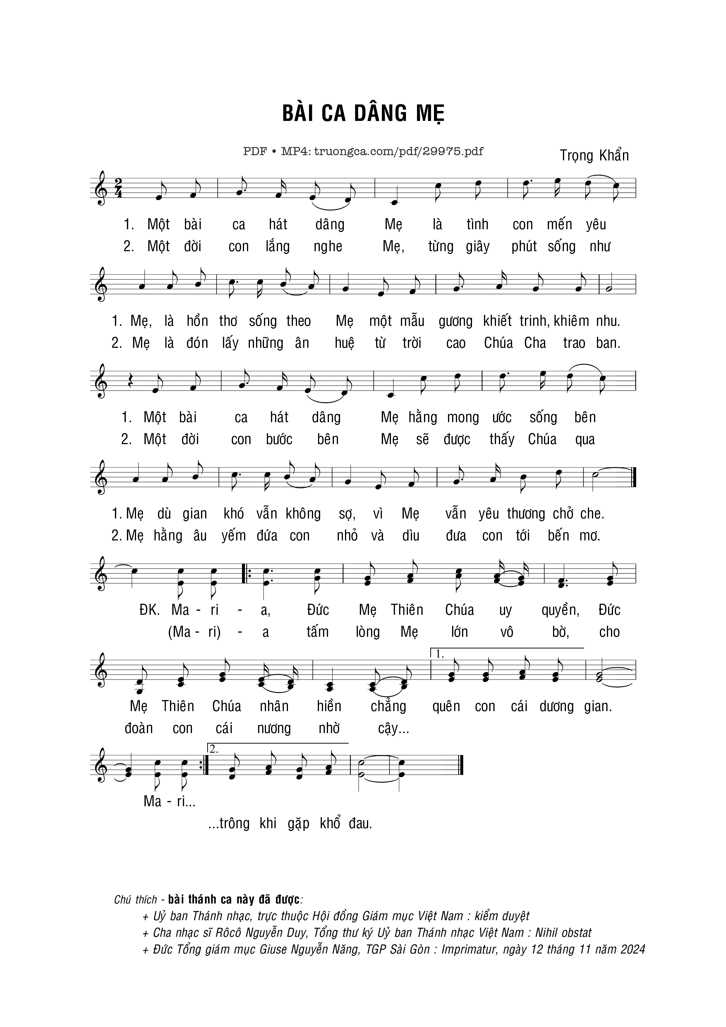 Page 1 of Sheet music PDF Bài ca dâng Mẹ - Trọng Khẩn