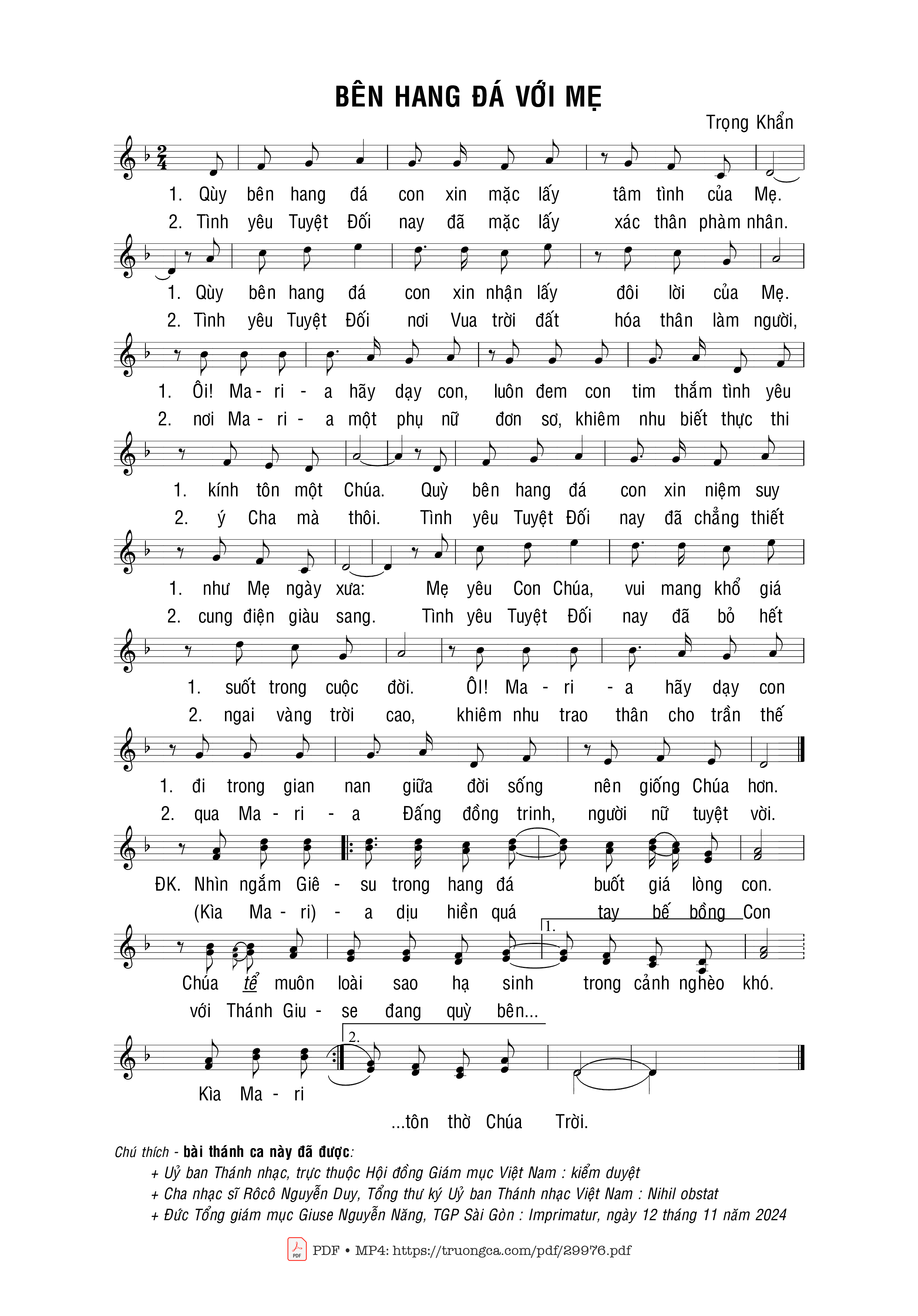 Sheet PDF of Bên hang đá với Mẹ