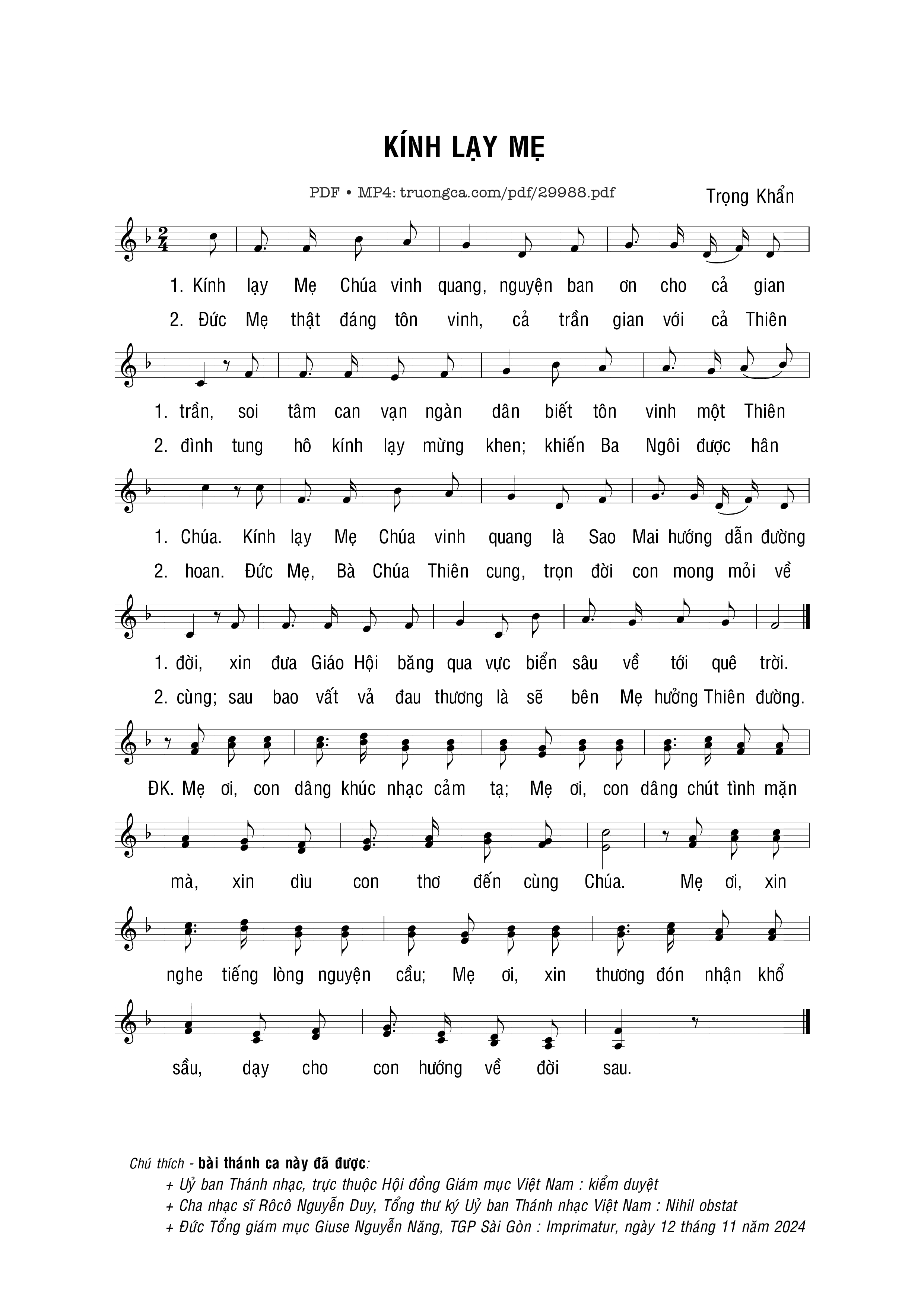 Page 1 of Sheet music PDF Kính lạy Mẹ - Trọng Khẩn
