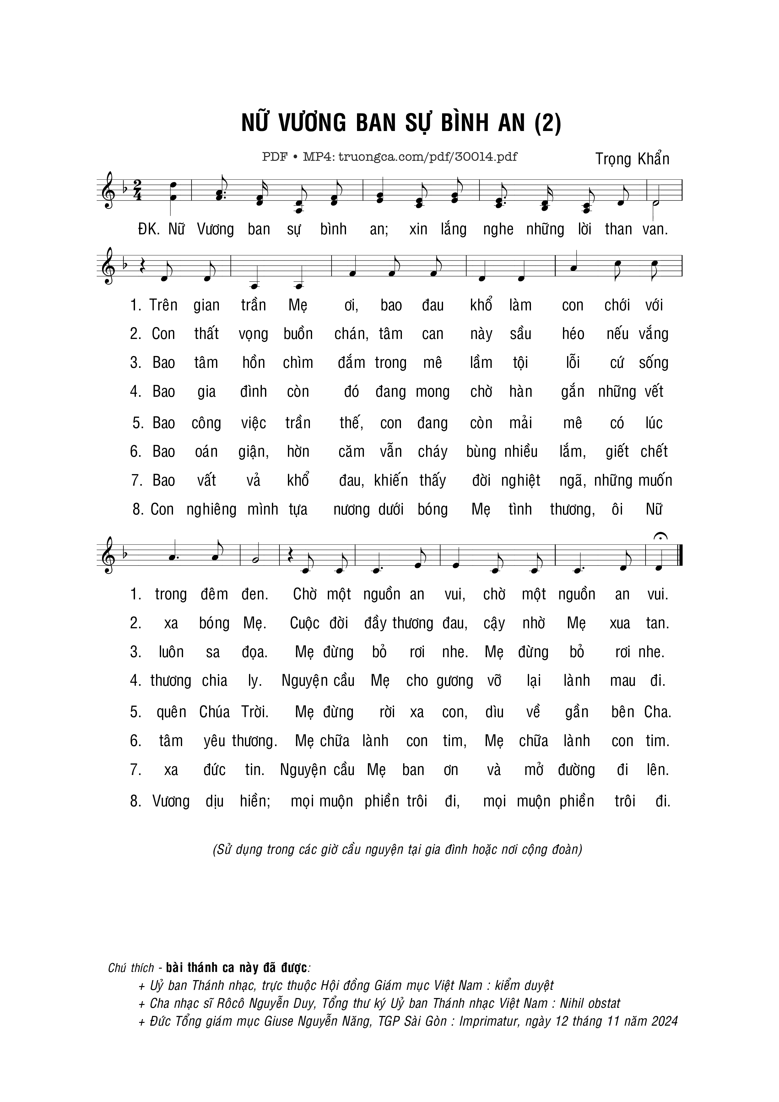 Sheet PDF of Nữ Vương ban sự bình an II