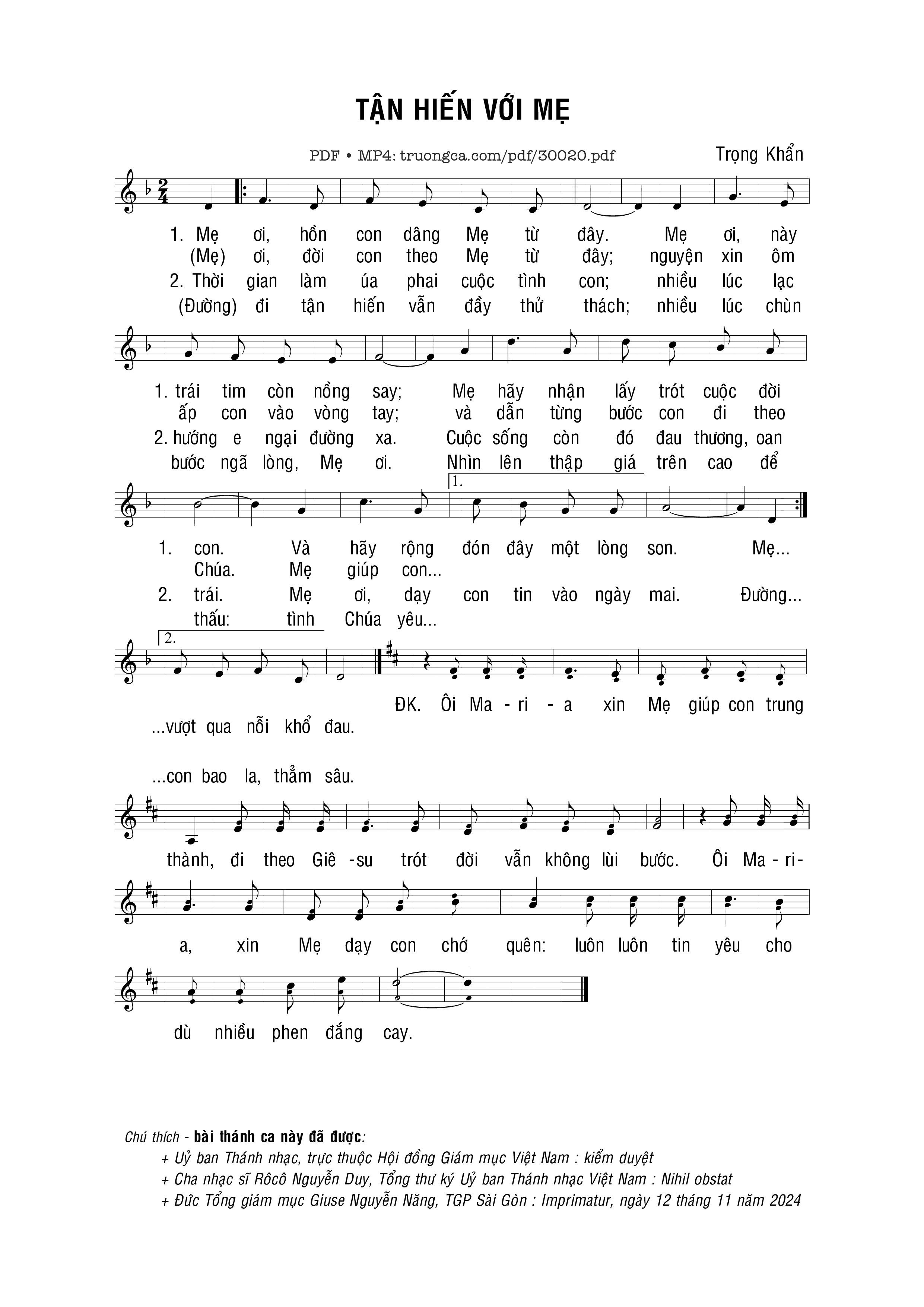 Page 1 of Sheet music PDF Tận hiến với Mẹ - Trọng Khẩn