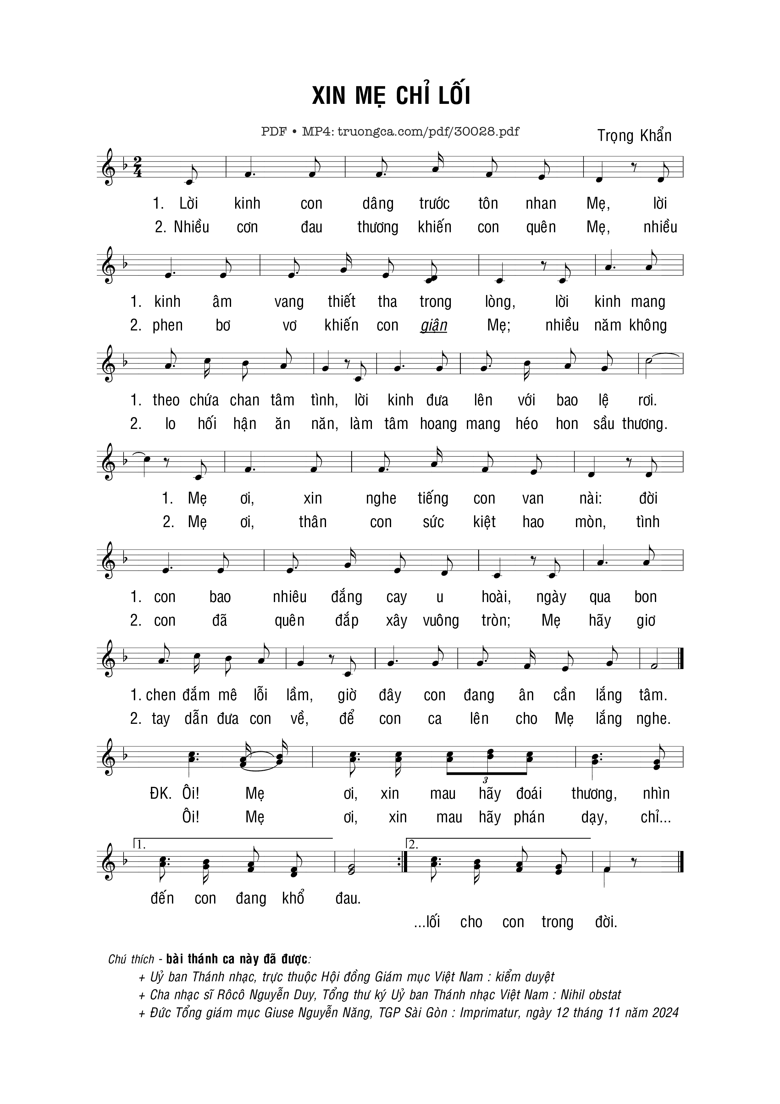 Page 1 of Sheet music PDF Xin Mẹ chỉ lối - Trọng Khẩn
