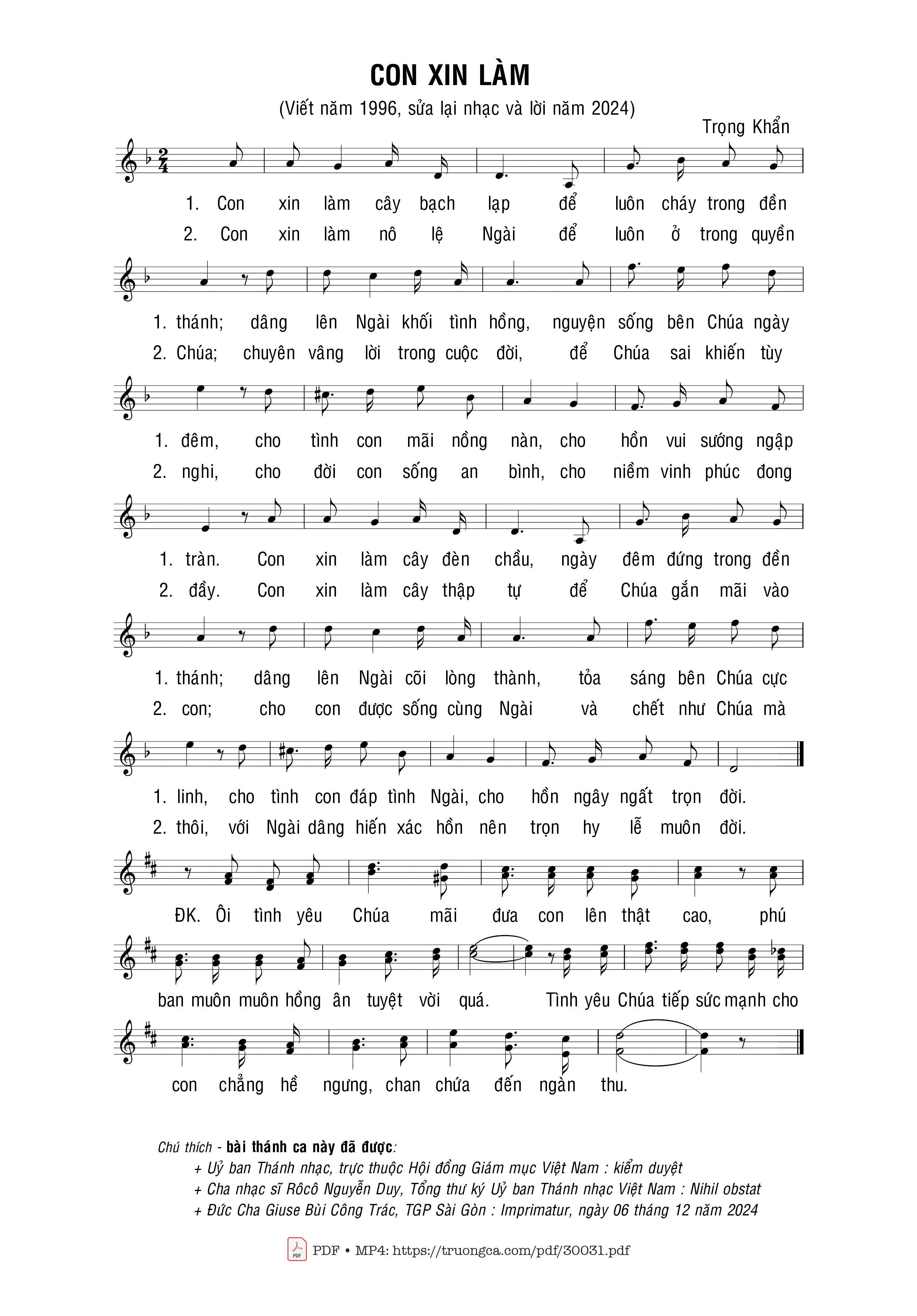 Sheet PDF of Con Xin Làm - Trọng Khẩn