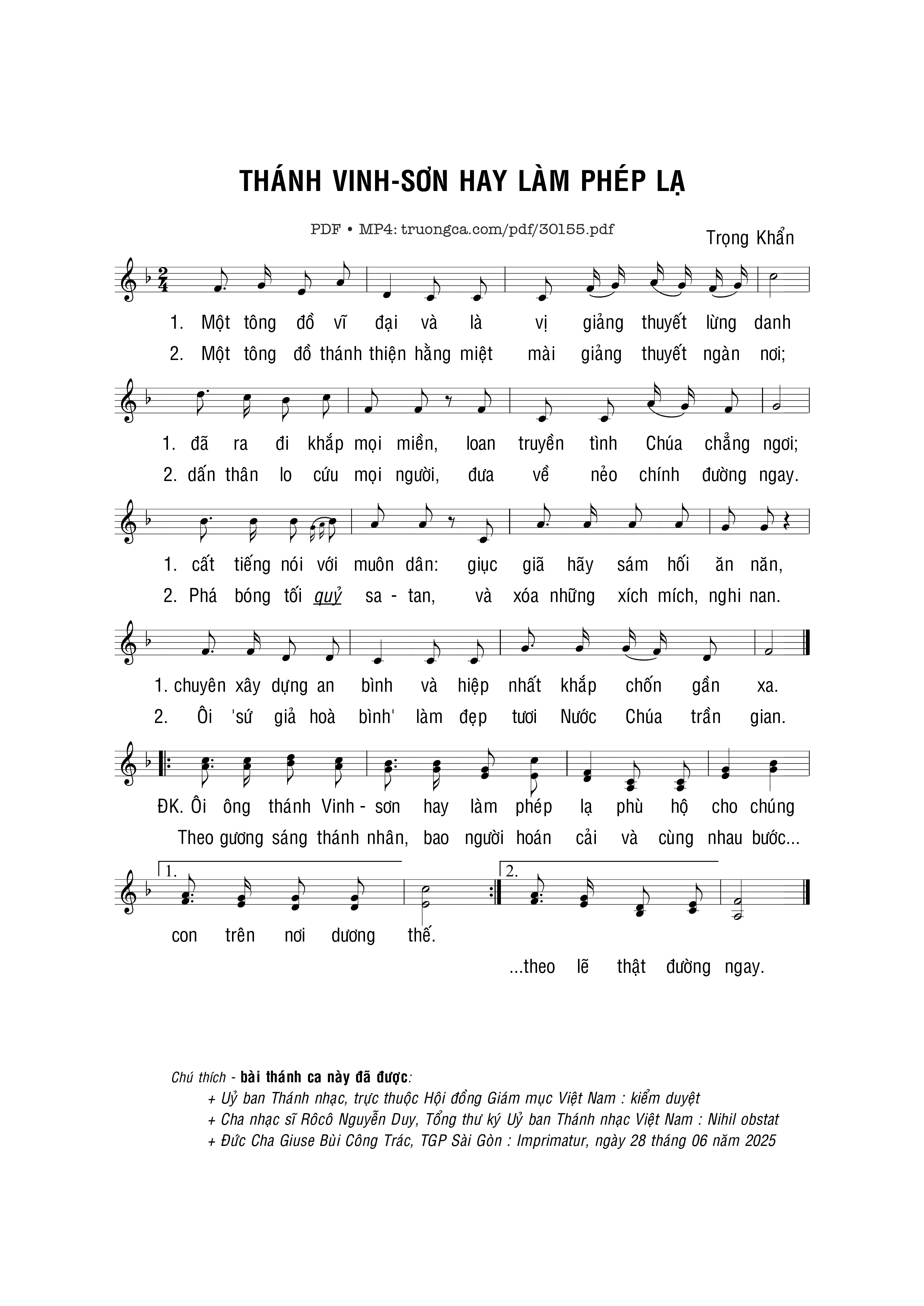 Page 1 of Sheet music PDF Thánh Vinh-sơn hay làm phép lạ - Trọng Khẩn
