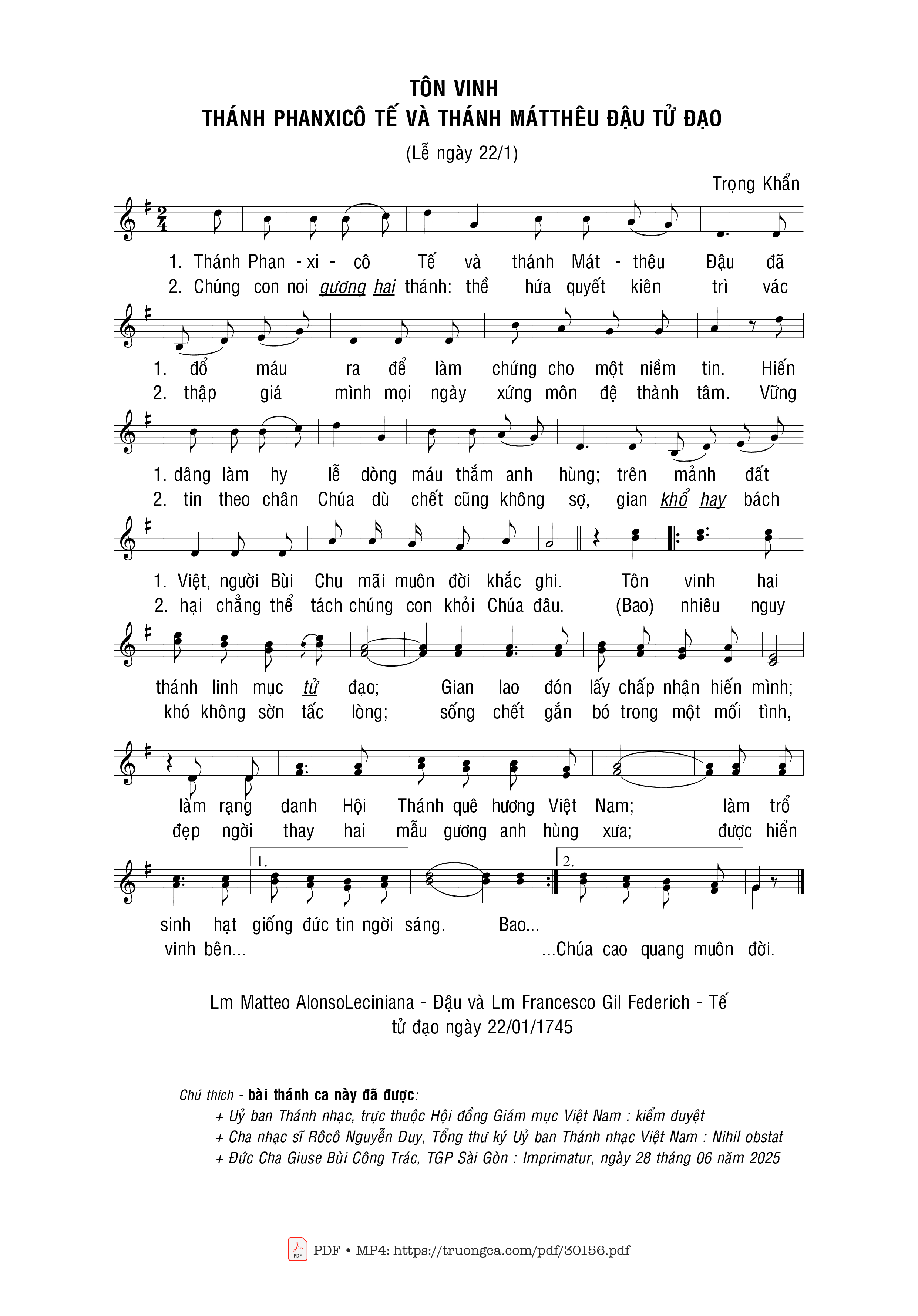 Page 1 of Sheet music PDF Tôn vinh Thánh Phan-xi-cô Tếvà Thánh Mát-thêu Đậu - Trọng Khẩn